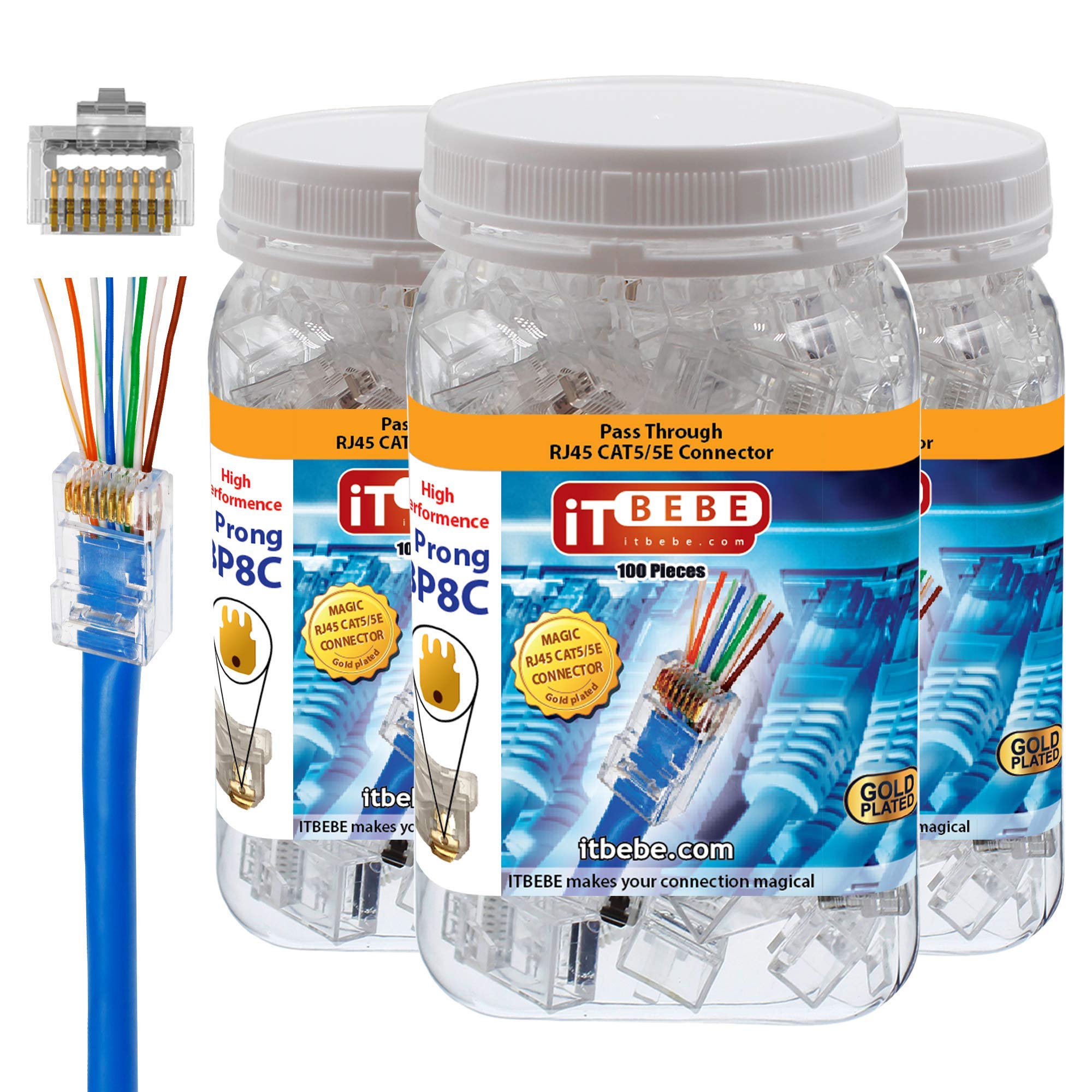 ITBEBE 300 sztuk – pozłacane RJ45 Cat5, wtyczka przelotowa Cat5e – 3 ząbki 3U przejście 8P8C UTP