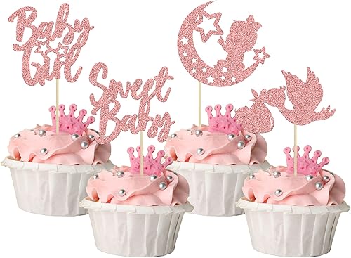 Miniatura 22 de 24 piezas Oh Baby Boy Cupcake Toppers Silver Glitter Enterizo Botella Cisne Baby Shower Boy Cupcake Picks Género Reveal Theme Baby Shower Niños