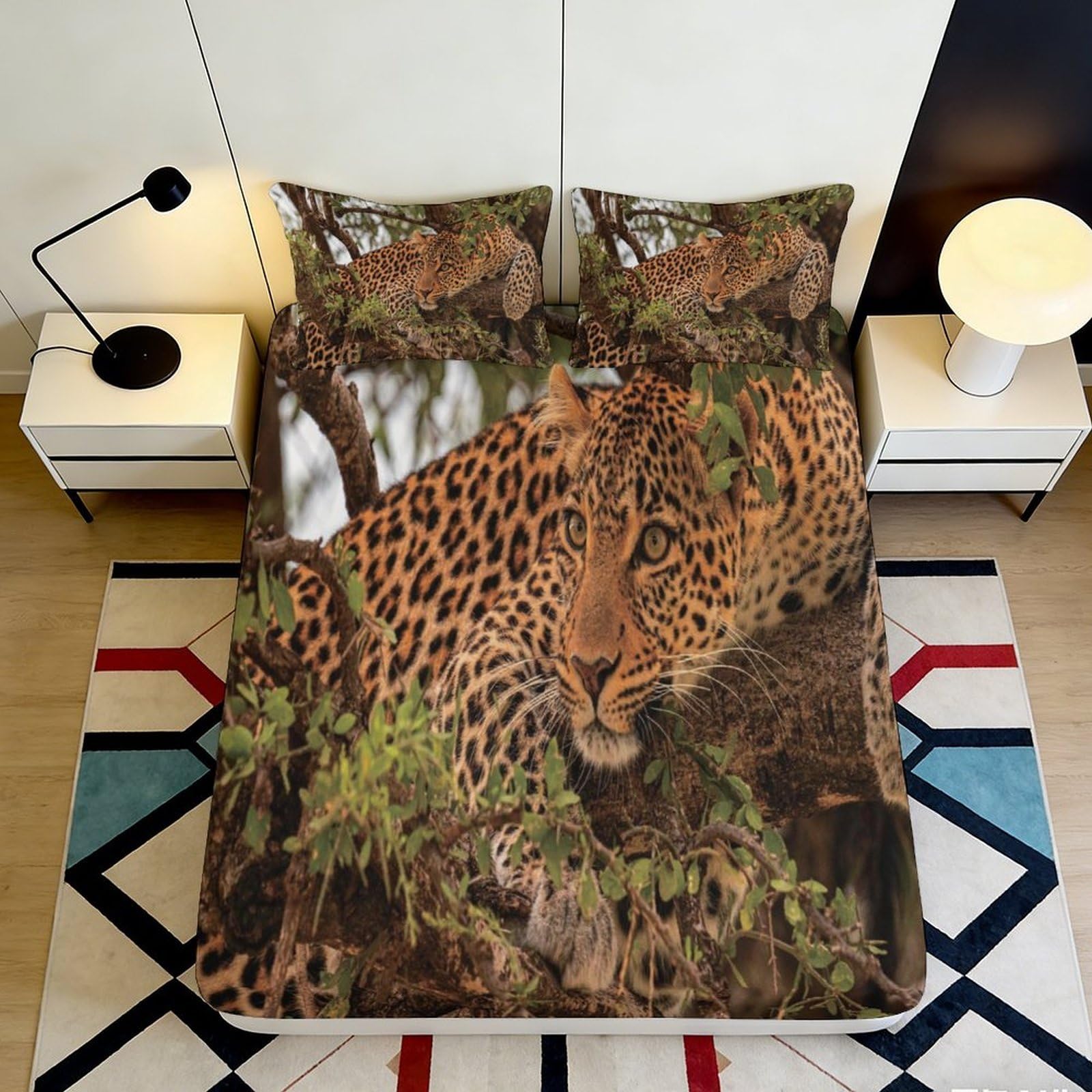 3D Printed Leopard Jungle Fitted Sheet Microfiber Non-Slip Mattress Cover for Bedroom Guest Room Dorm Easy Care 200x200x25cm
