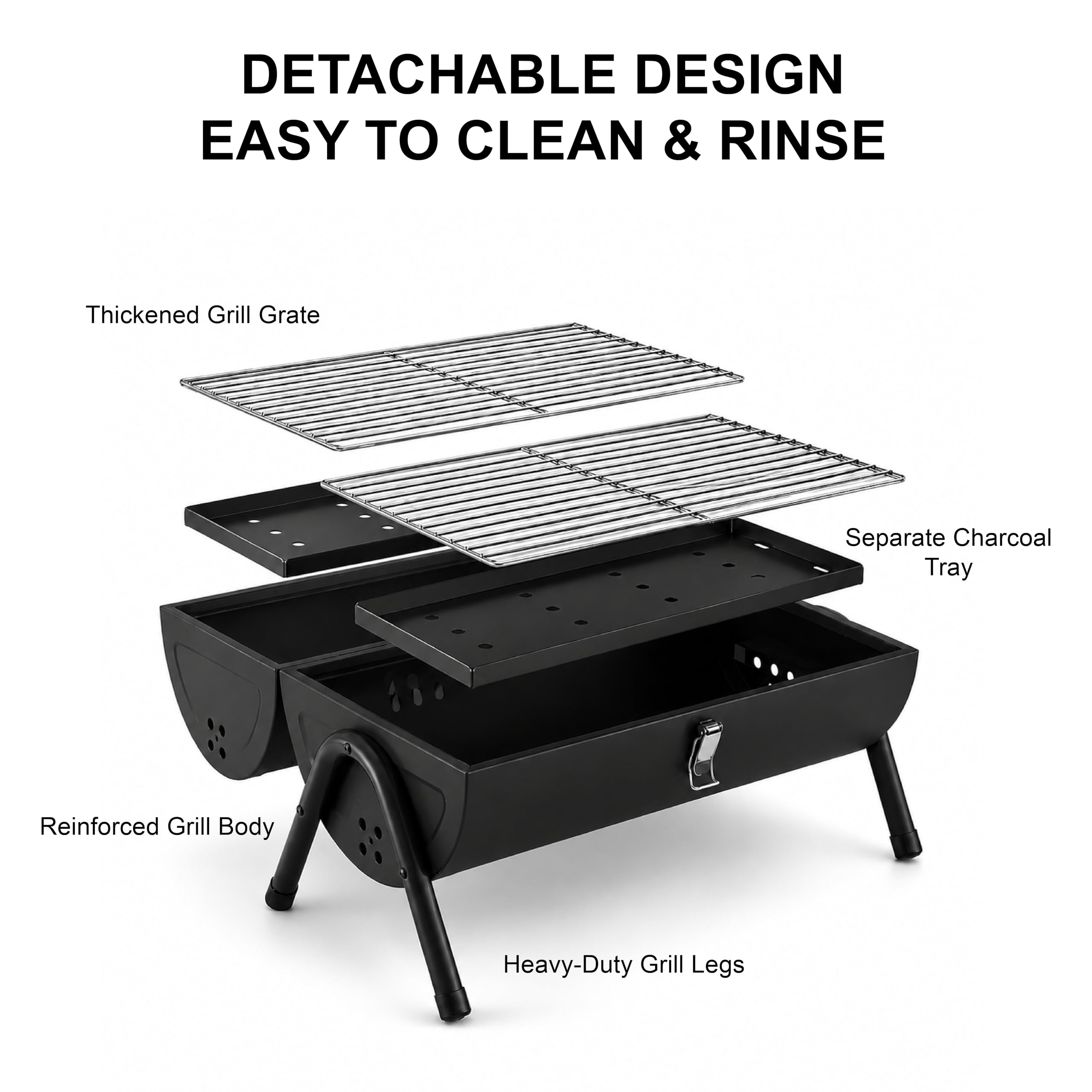 Barbacoa Portátil con Diseño de Cubo, Barbacoa de Carbón para Exteriores con 2 Parrillas, Mango de Madera y Tapa con Chimenea, Color Negro, Compacta para Camping Jardín