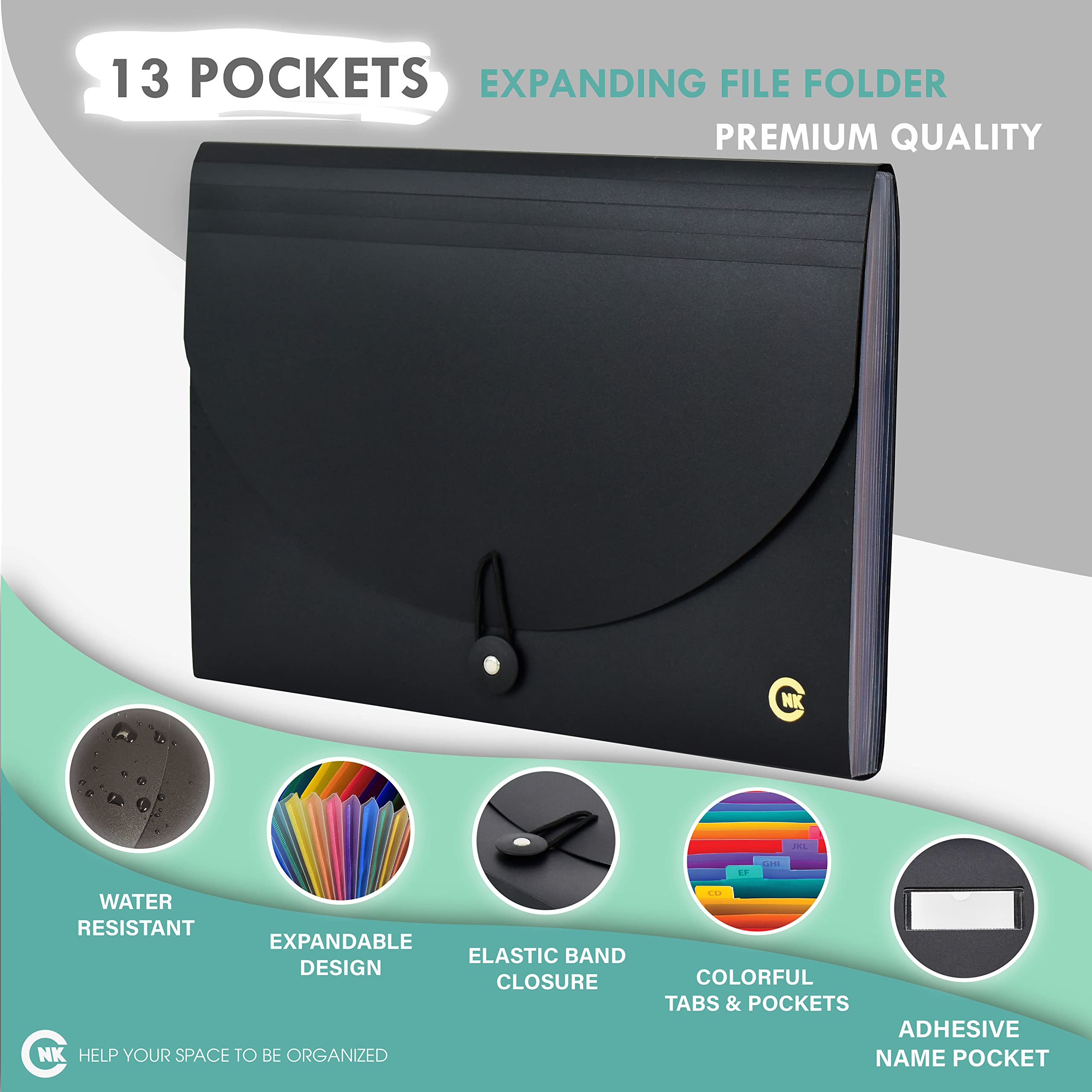 CNK Cartella portadocumenti espandibile, con 13 tasche, formato A4, espandibile, organizer per documenti a fisarmonica, con linguette adesive, divisori per documenti, lettere, documenti e posta
