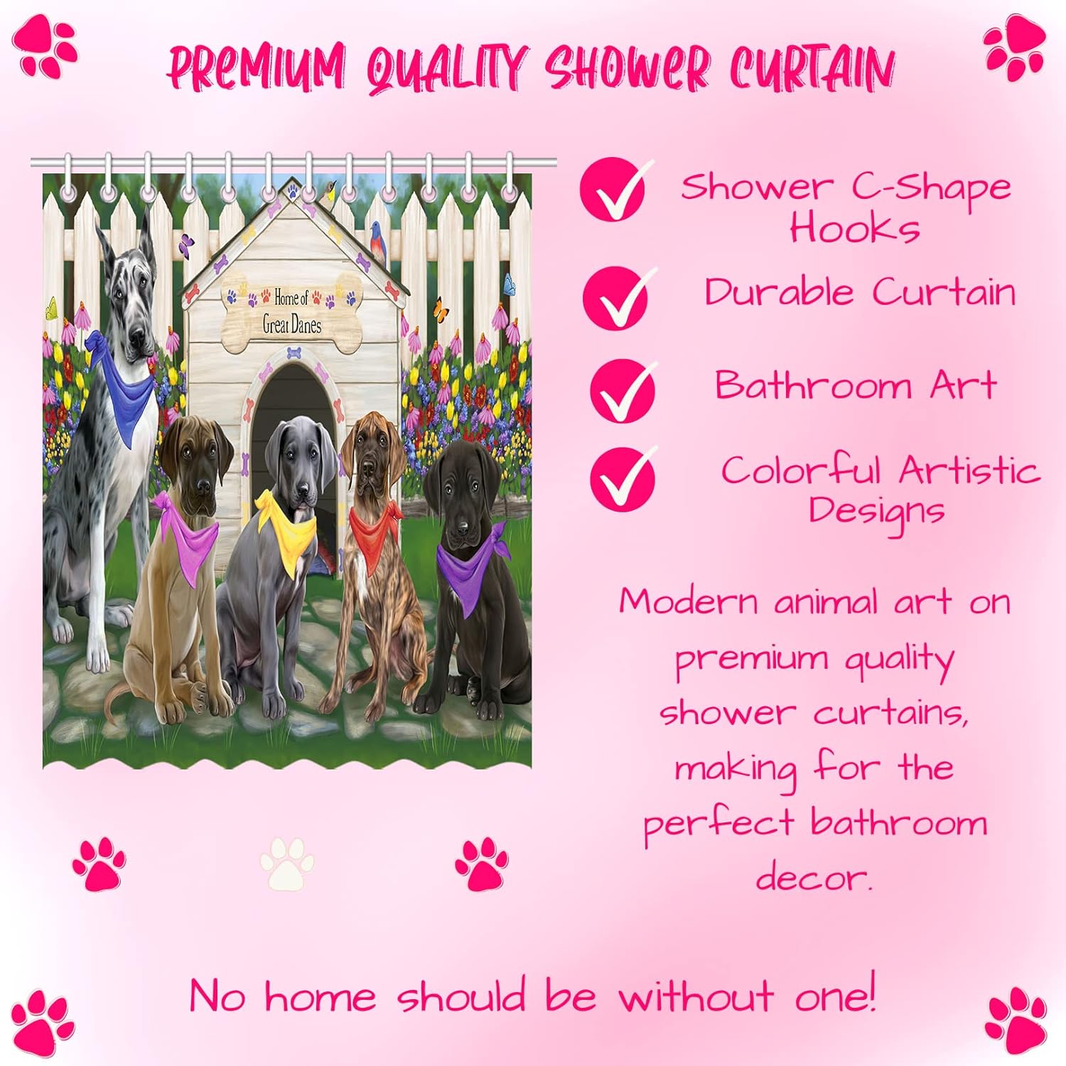 Spring Dog House Great Dane Dogs Shower Curtain - Waterproof Polyester One-Side Printing Pet Bathtub Curtain Decor Curtain for Bathroom with Hooks, 69"x70"