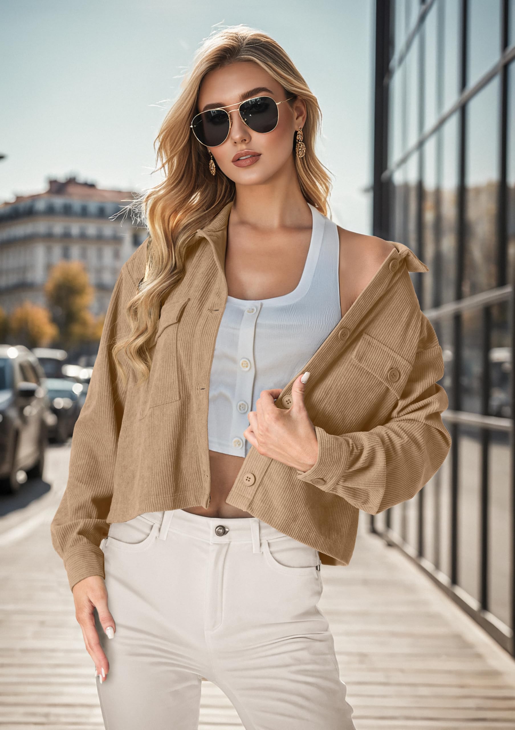 IWOLLENCE Giacca da donna casual da donna in velluto a coste giacca camicia UK risvolto abbottonatura maniche lunghe con tasche