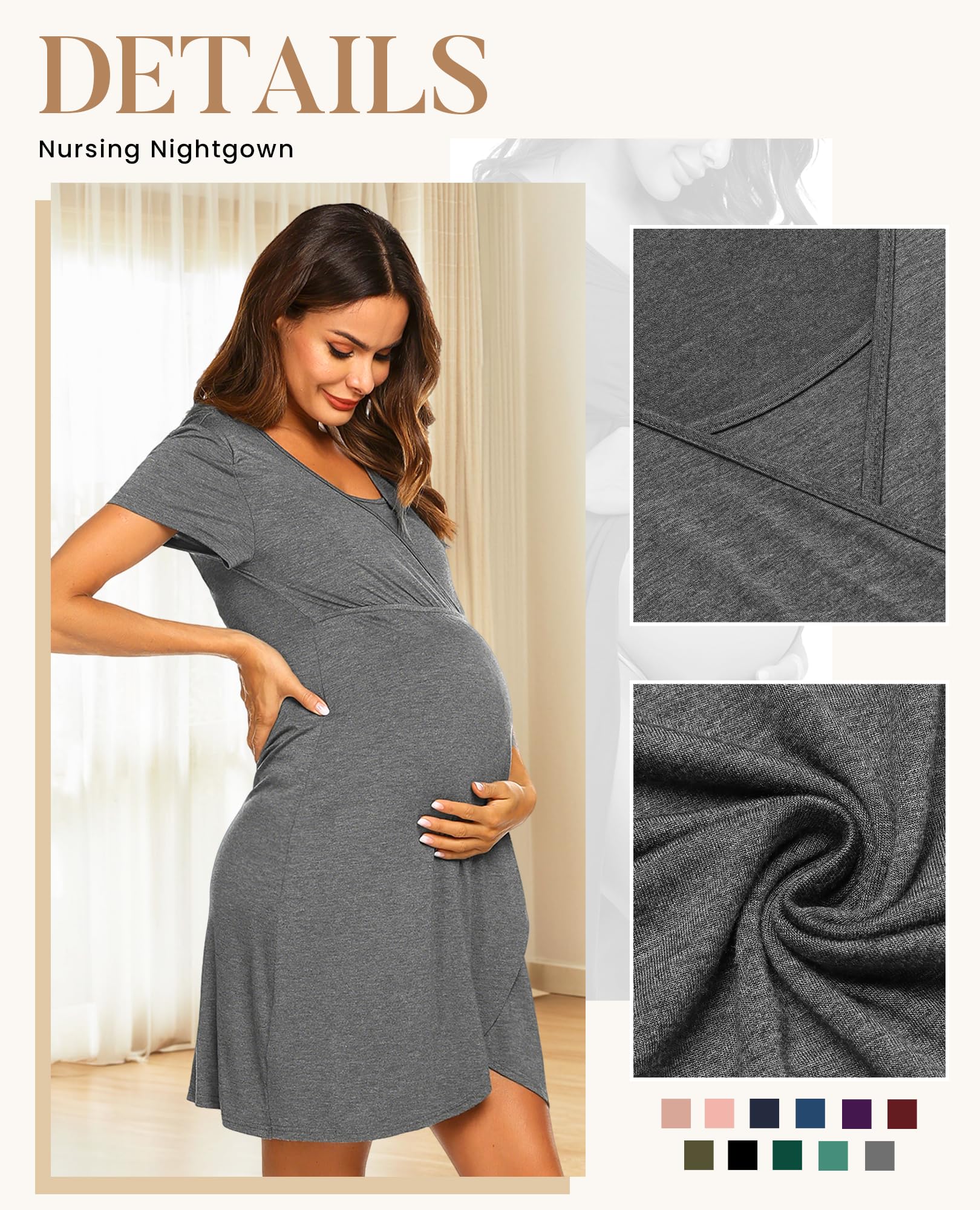 Camicia da notte infermieristica manica corta Breasfeeding abito da parto abito premaman, Grigio, X-Large