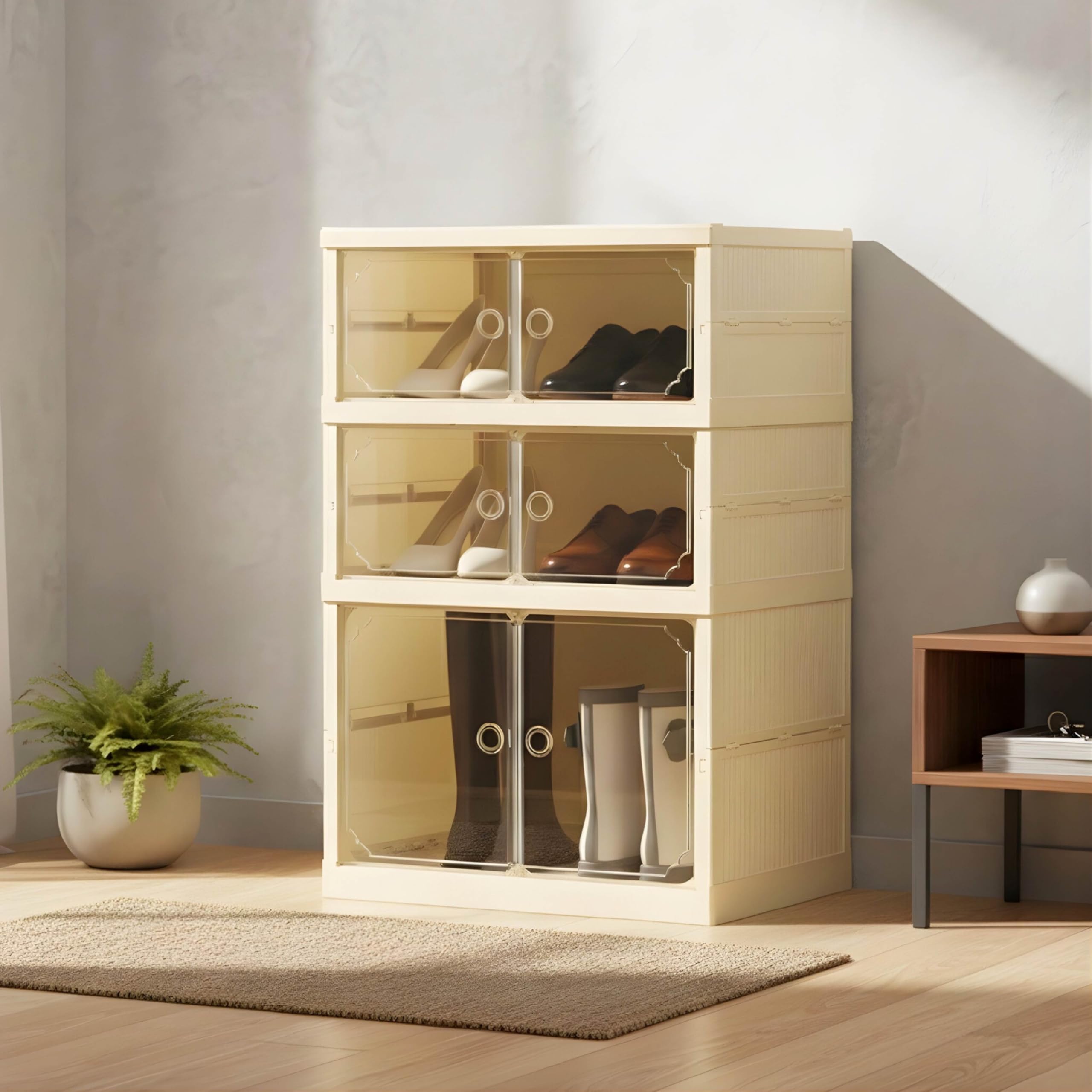 HomeStrap Shoe Stack Foldable Shoe Organizer with Wheels | Fits 6 Pairs | 3-Slot Shoe Rack with Clear Magnetic Doors | Dust & Moisture-Proof Multipurpose Storage for Entryways, Bedrooms | Off White-image-39