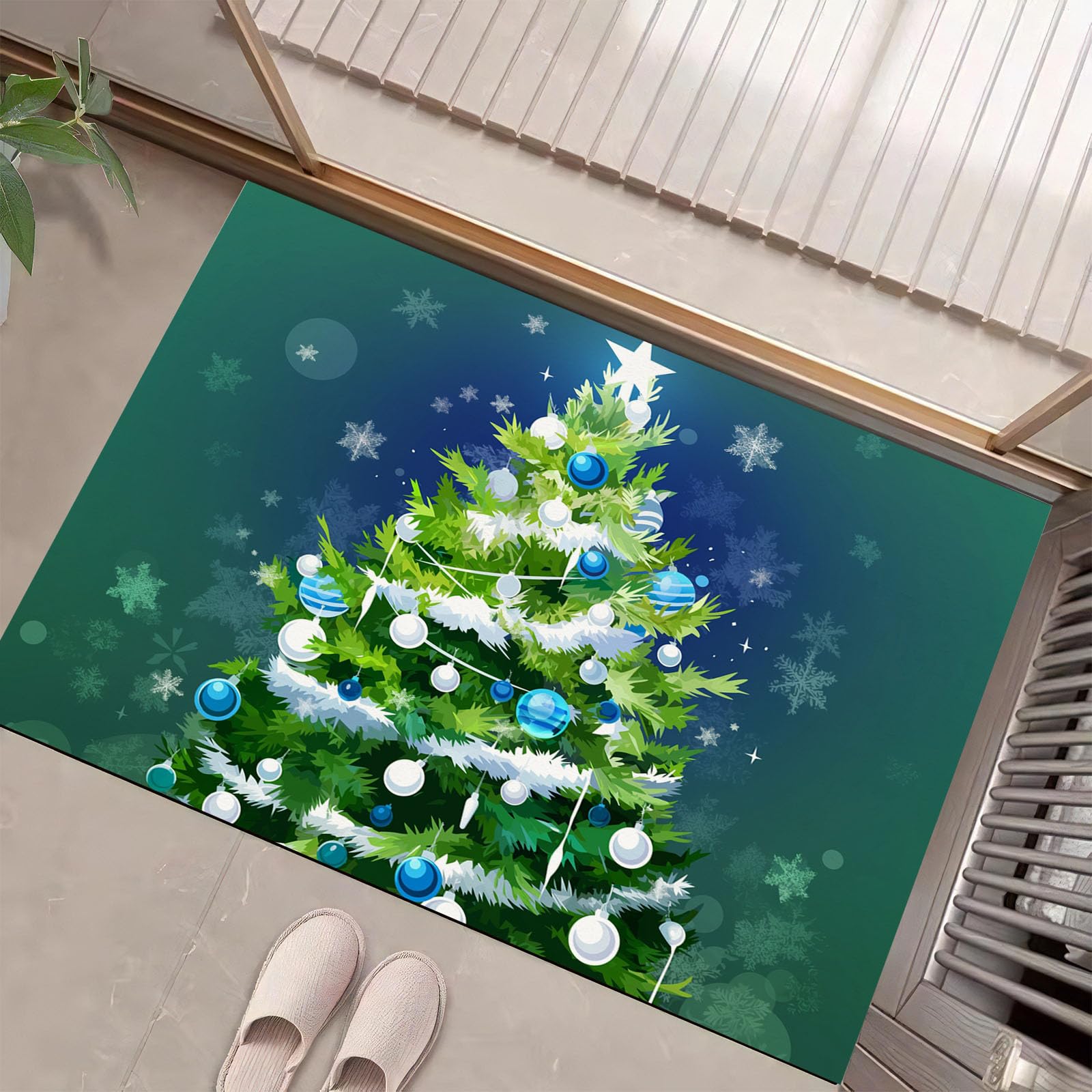 Tapis de sol antidérapant et absorbant de Noël motif sapin boules bleues 80x120