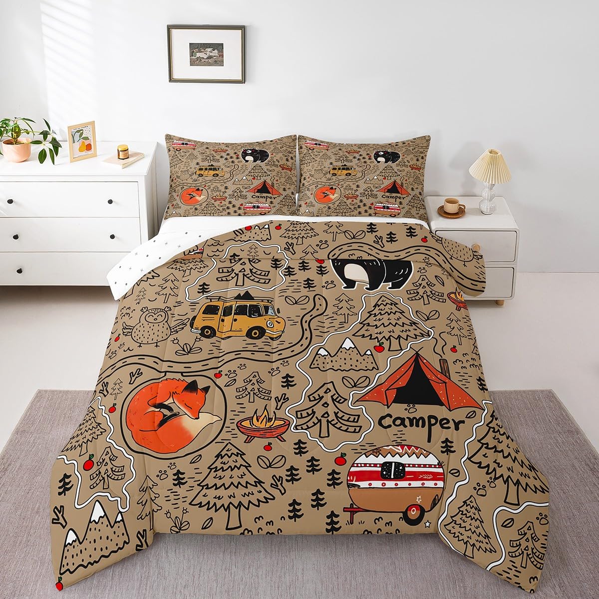 Erosebridal Kids Camping Themed Full Bedding Set,RV Camper Comforter Set for Boys Girls Bedroom Decor,Forest Bear Fox Owl Bed Set Travel Trailer Bunk Bedding Comforter Sets,2 Pillowcases