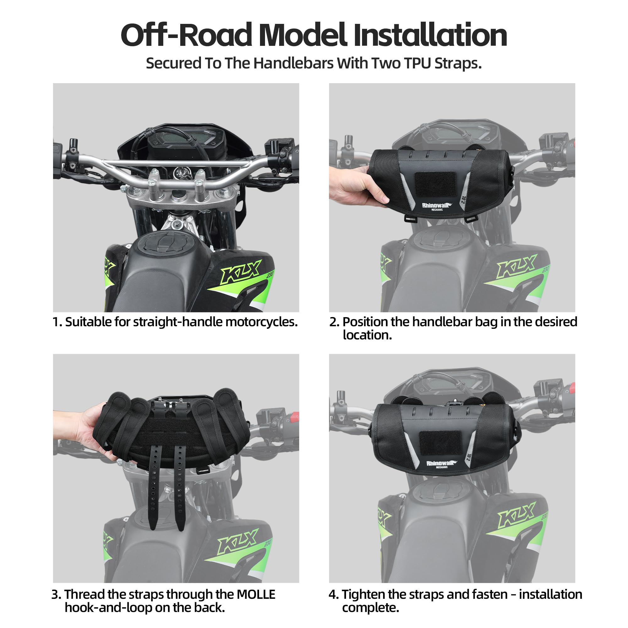 Rhinowalk Borsa da manubrio per moto 2L MJX2010, borsa da manubrio impermeabile con protezione antipioggia e tracolla, adatta per ADV Enduro Touring