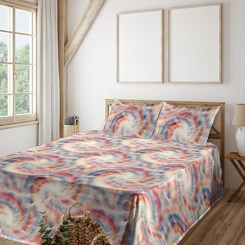 Ambesonne Groovy Sheet Set, Retro Psychedelic Style Pastel Illusion Tie Dye Effect Whirling Motif, Fitted and Flat Sheet with Pillowcases Bedding