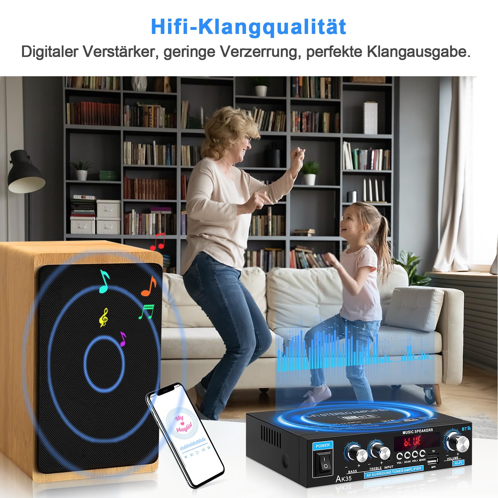 HiFi Stereo Audioverstärker AK35 Bluetooth 5.0 Digital Mini-Verstärker RMS 2.0-Kanal 30W x 2 HiFi-Leistungsverstärker mit Bass & Treble Tuner für Heim-Lautsprecher
