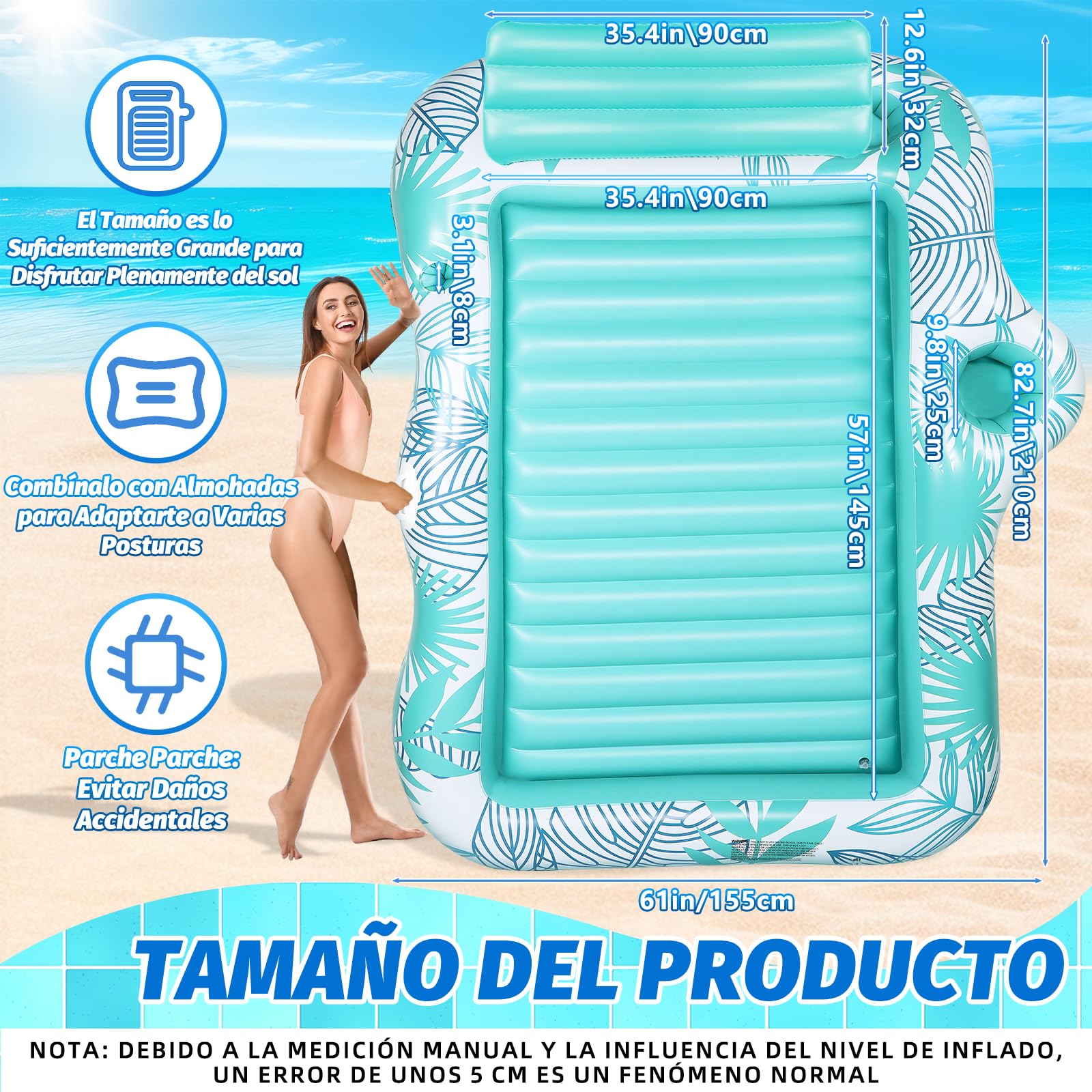 Charmofun Flotador Inflable de Bronceado Grande, Colchoneta Hinchable Piscina con Portavasos y Barra de Hielo, Piscina Bronceado Hinchable Adultos para Playa Fiestas Verano (Azul)