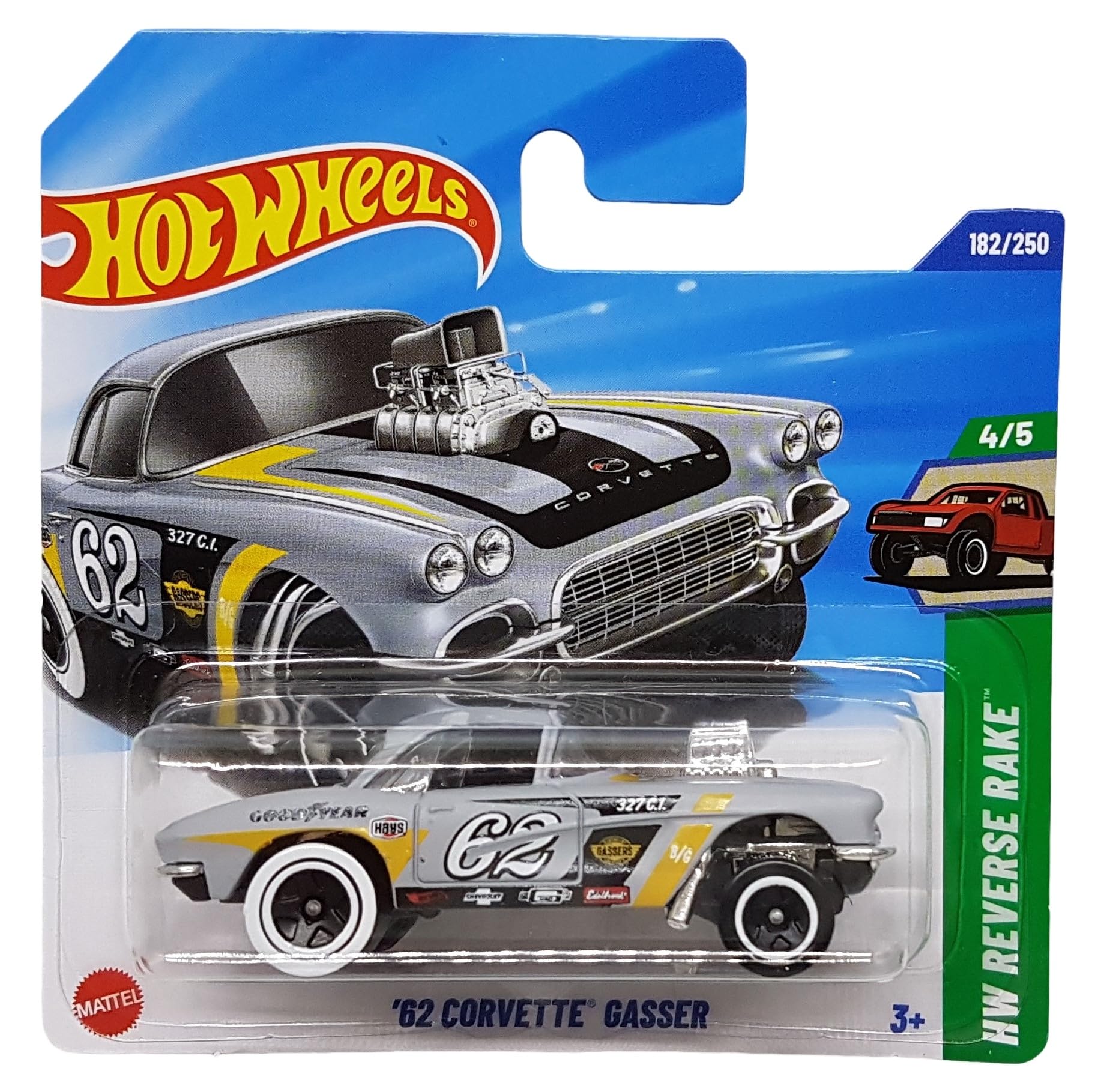 Hot Wheels '62 Corvette Gasser JBB08 HW Reverse Rake 4/5 Short Card Grey Good Year GM License Mattel 2025 1:64