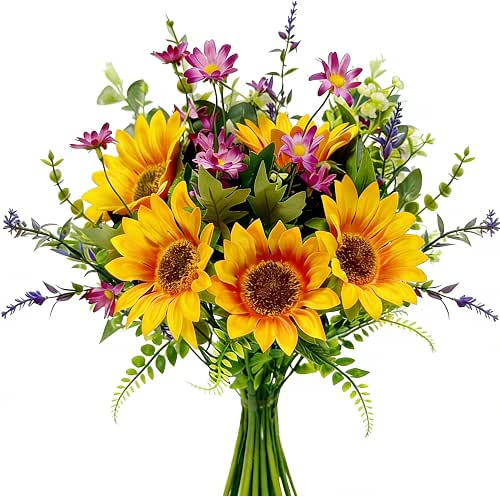 Artificial Sunflower Bouquet with Wildflowers, Silk Fall Cemetery Flowers Arrangement