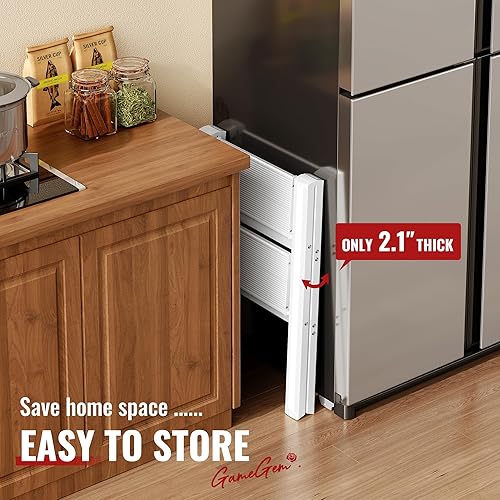 Miniatura 7 de GameGem Escalera de 2 escalones, taburete plegable de aluminio de 2 escalones con pedal antideslizante resistente y ancho, escalera de mano ligera y
