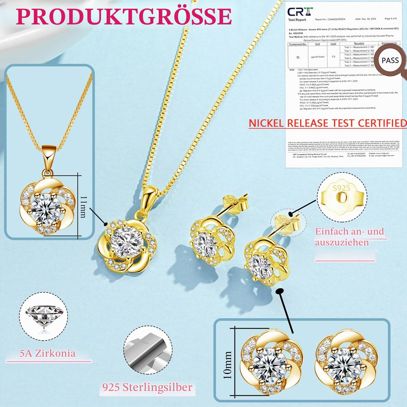 Schmuckset Silber 925, Silber Schmuck Set Damen zum Geburtstag | Blumen Halskette & Ohrstecker mit Weiß Zirkonia, Halskette mit Blumen Anhänger & Ohrstecker in Geschenkbox, Hypoallergen