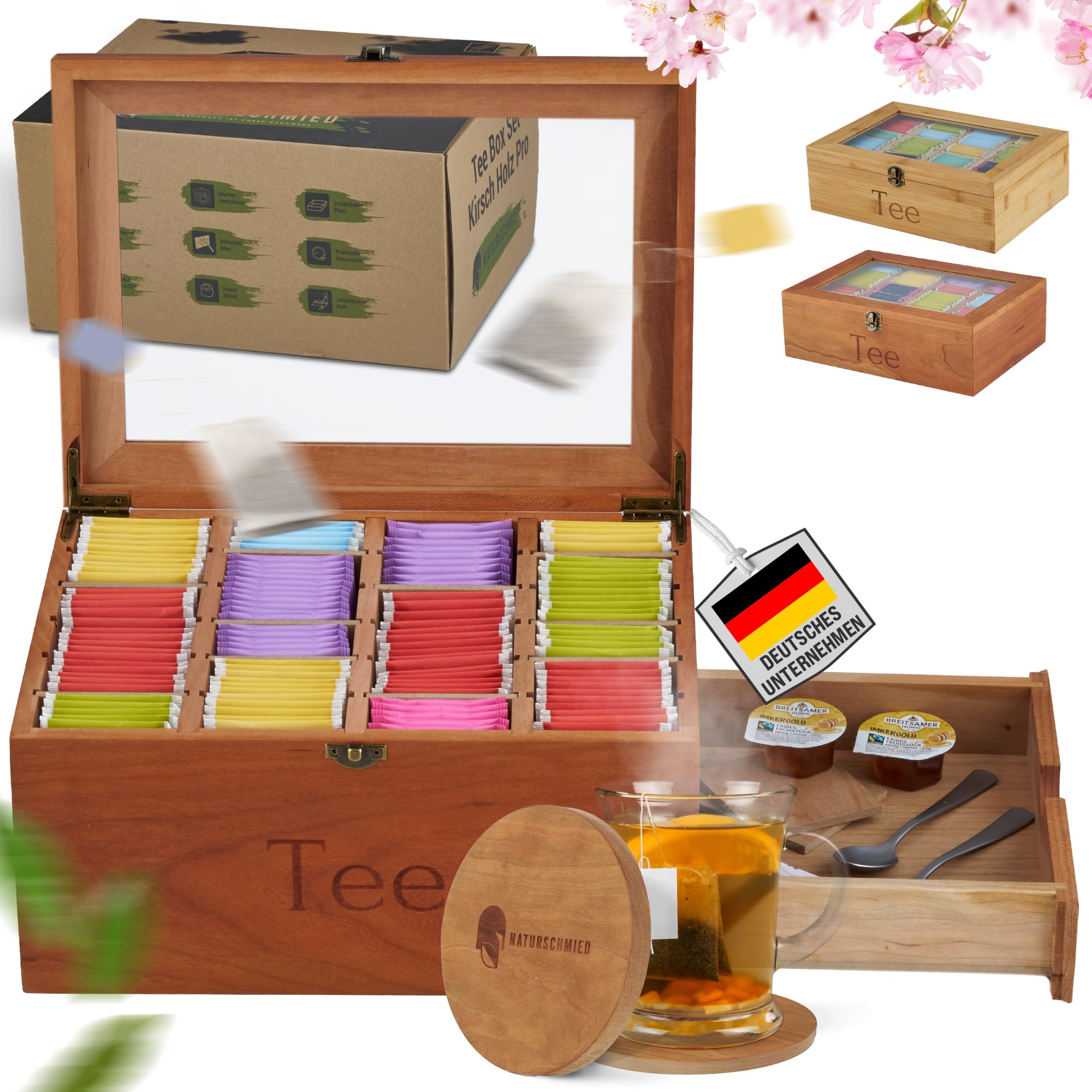 Premium Teebox Set aus Kirsch Holz mit 20 flexiblen Fächern und Sichtfenster(22,5x31x15cm) - [Extra große Schublade + Einzigartige Kirschholz Untersetzer] - edle Teeaufbewahrung