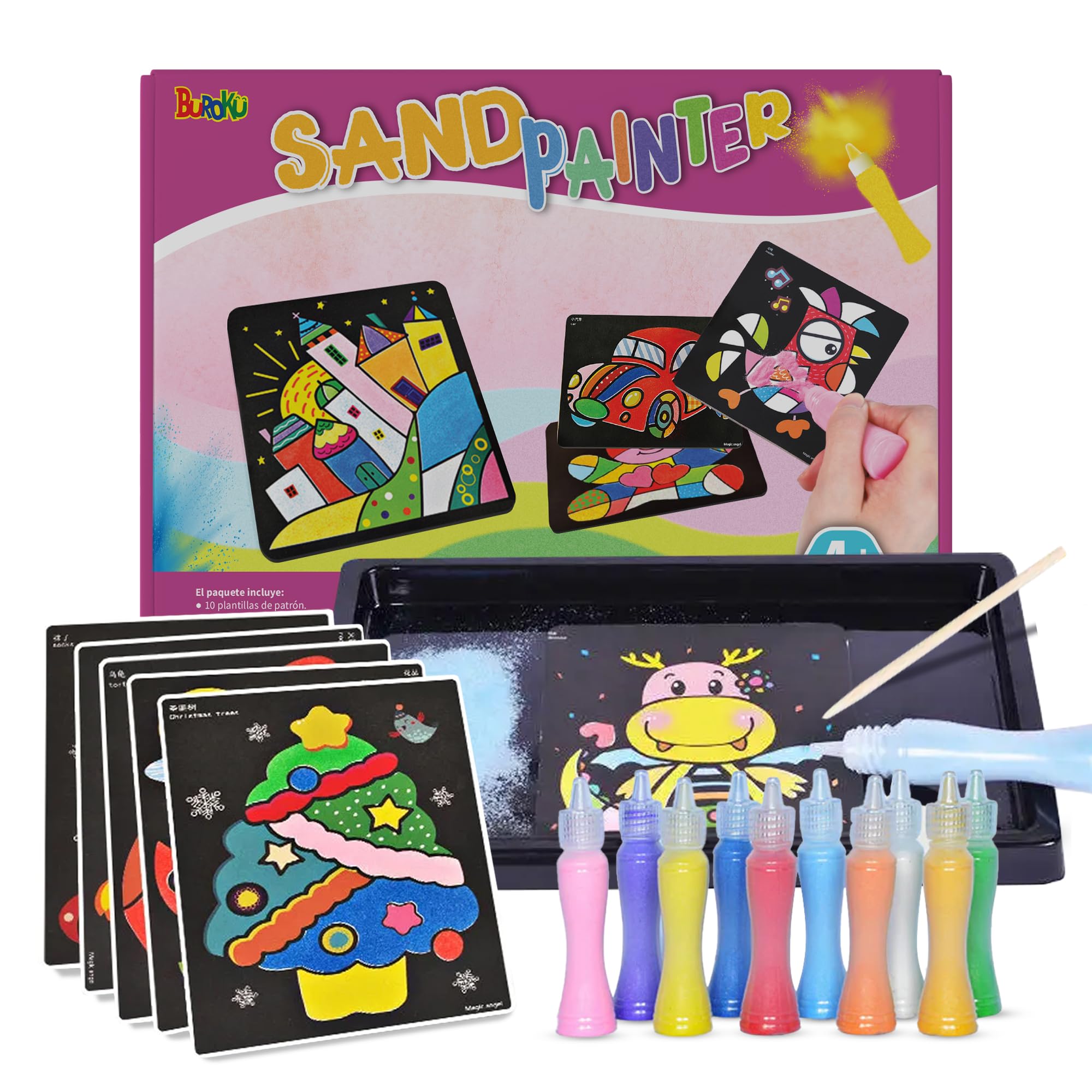 Buroku - Sand Art Kit for Kids | 10 Sheets of Fun Designs | 10 Bottles of Vibrant Colors | Encourages Creativity and Motor Skills | Painting Game