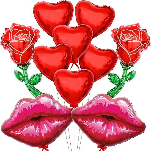 KatchOn, Juego de globos de rosa roja, corazón y labios, grandes de 37 pulgadas, globos de rosa roja, globos de labios rojos, globos de corazón para