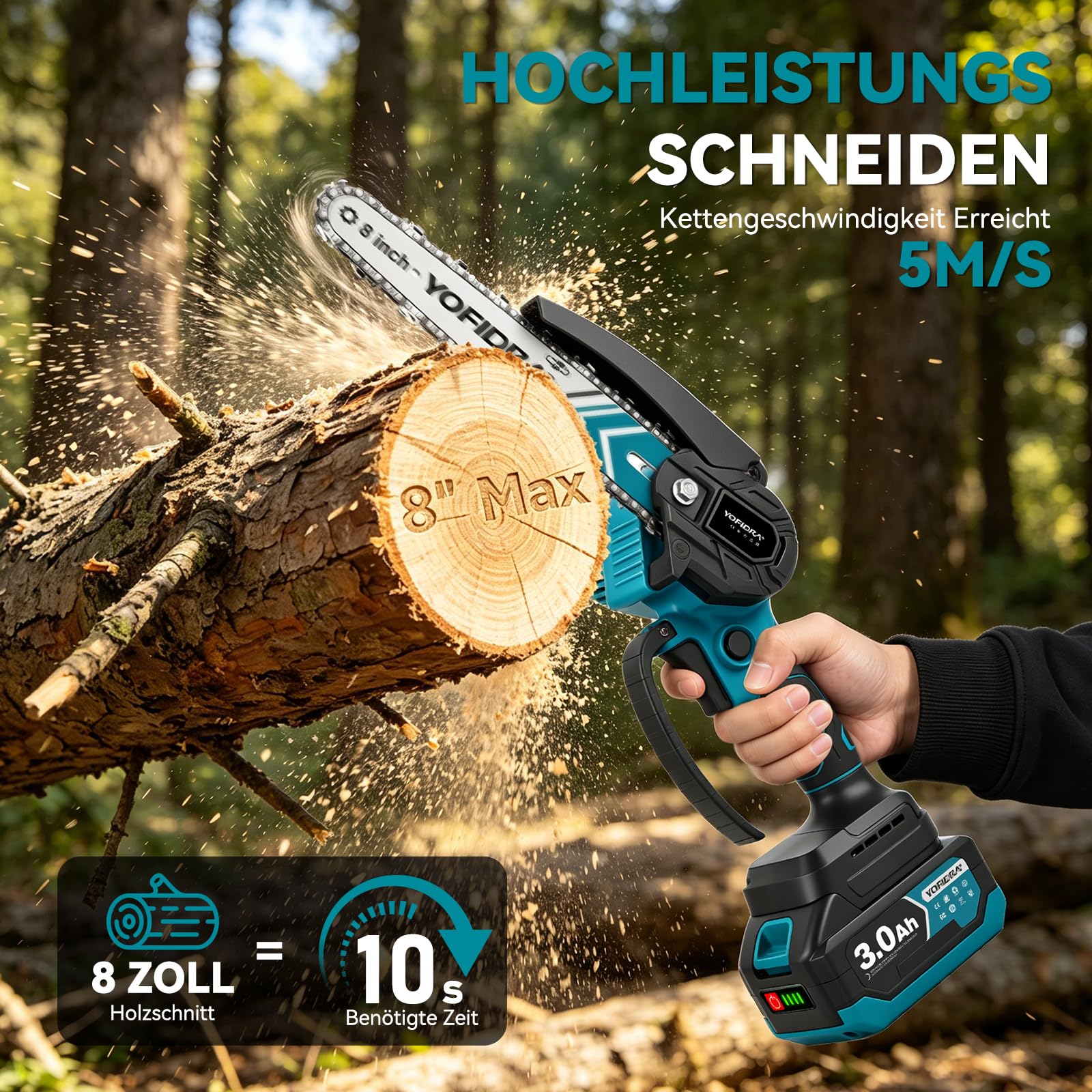 Yofidra 8 Zoll Elektrische Kettensäge mit Teleskopstange & 30mm Elektrische Astschere, Hochentaster Akku mit 2x3000mAh Akkus, 4-in-1 Gartenwerkzeug Set, Max. Reichweite bis 4,2m, blau