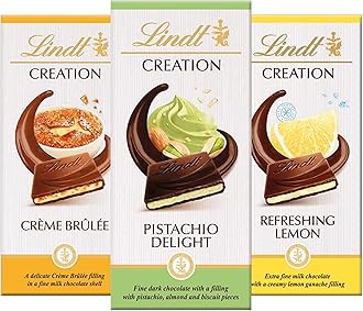 Assorted Creation Chocolate Bars Bundle - Pack 3 x 150g Pistachio Delight, Delicate Creme Brulee & Milk Chocolate Refreshing Lemon. Chocolate Gift for Chocolate Hamper, Easter Gifts with Topline Card