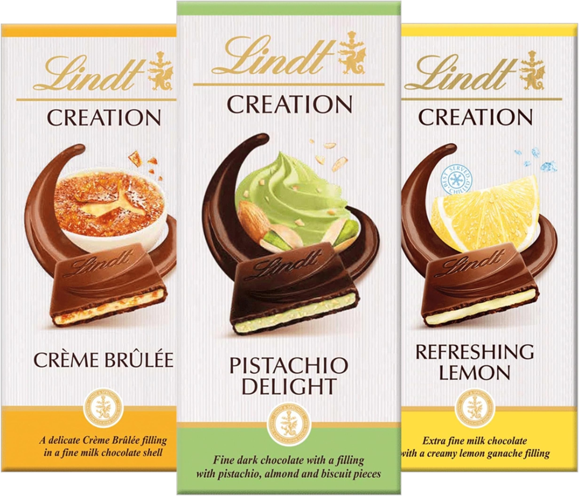 Assorted Creation Chocolate Bars Bundle - Pack 3 x 150g Pistachio Delight, Delicate Creme Brulee & Milk Chocolate Refreshing Lemon. Chocolate Gift for Chocolate Hamper, Easter Gifts with Topline Card