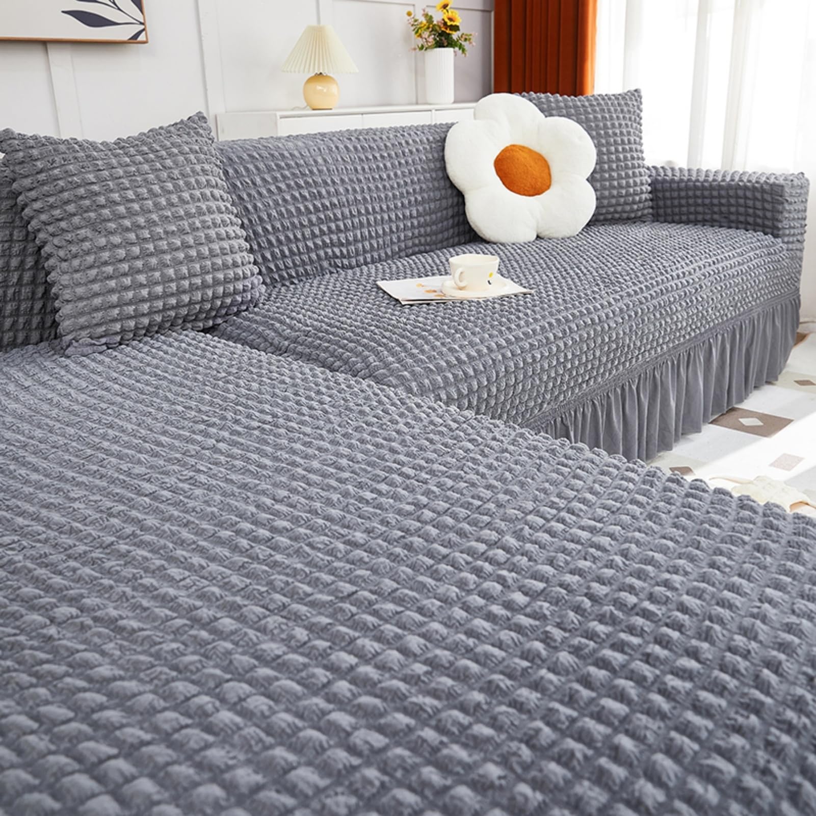 Copridivano, Sofa Cover, Copridivano 3 Posti con Penisola, Copridivano Angolare, Copridivano Universale con Penisola A Sinistra/Destra (Grigio Chiaro,Tre Persone)