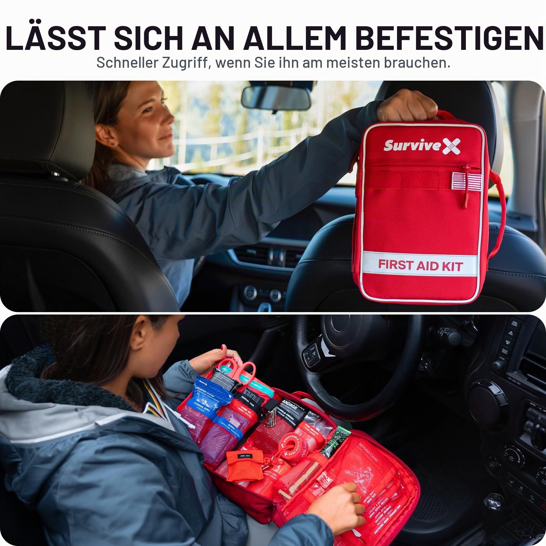 SurviveX Großes Erste-Hilfe-Set für Auto, Reisen & Zuhause – Notfall-Set für Wandern, Camping, Rucksackreisen und Outdoor – inklusive Reißverschluss-Stich-Wundverschlussstreifen
