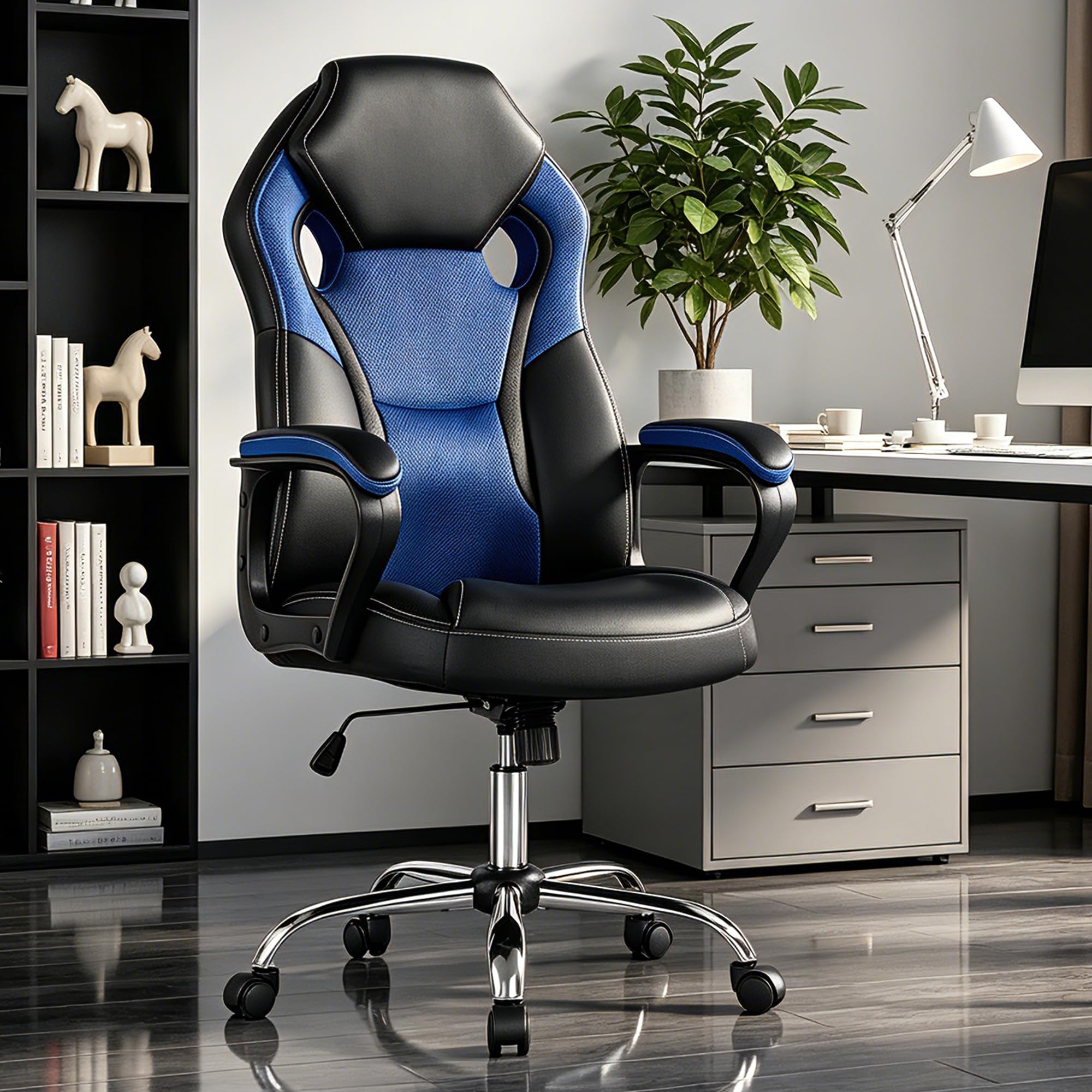 Office Gaming Chair, PU &amp; Mesh Design Computer Chair with Metal Base