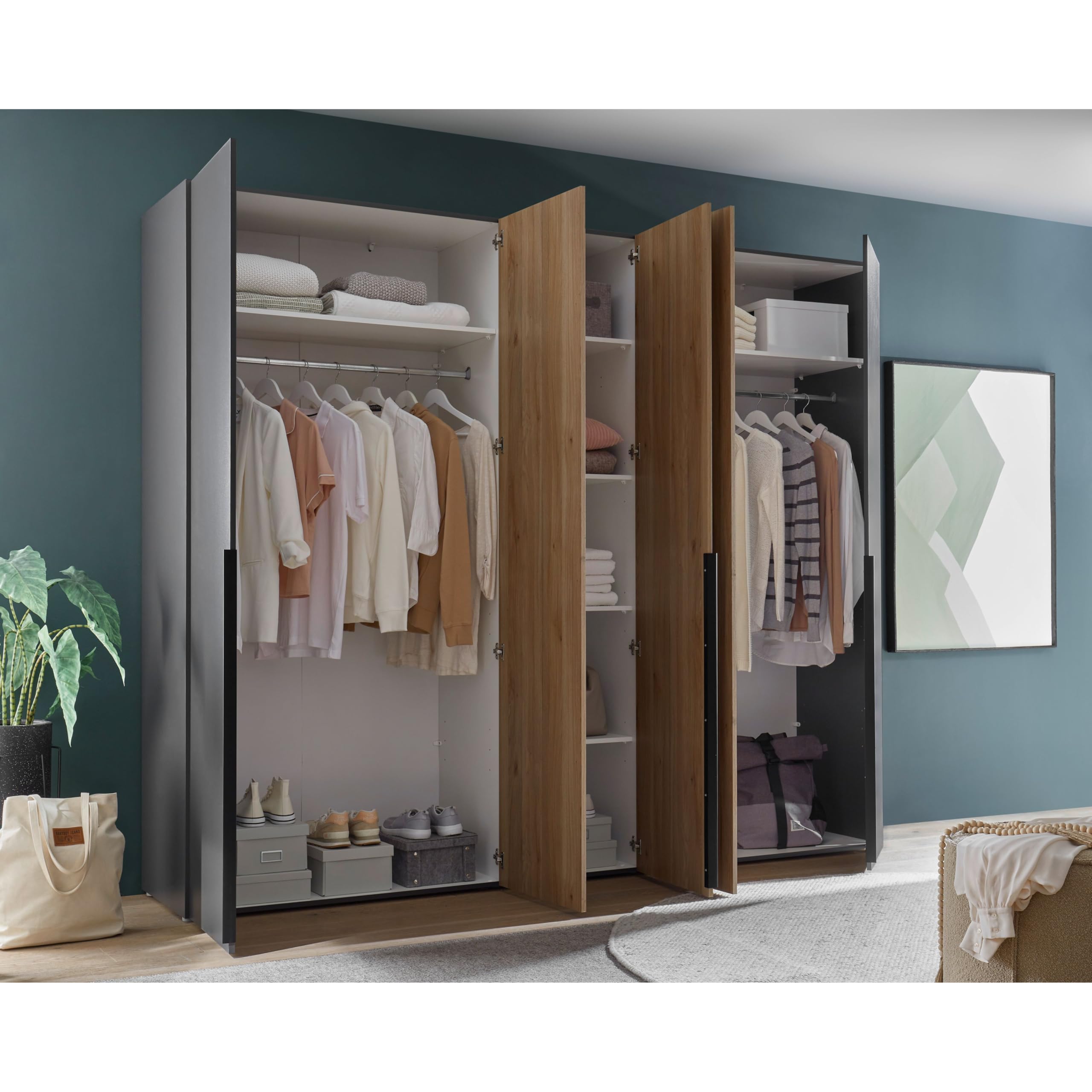 Stella Trading ASKA Kleiderschrank in Graphit, Mauvella Eiche Optik - Vielseitiger Drehtürenschrank 5-türig für Ihr Schlafzimmer - 249 x 210 x 53 cm (B/H/T)