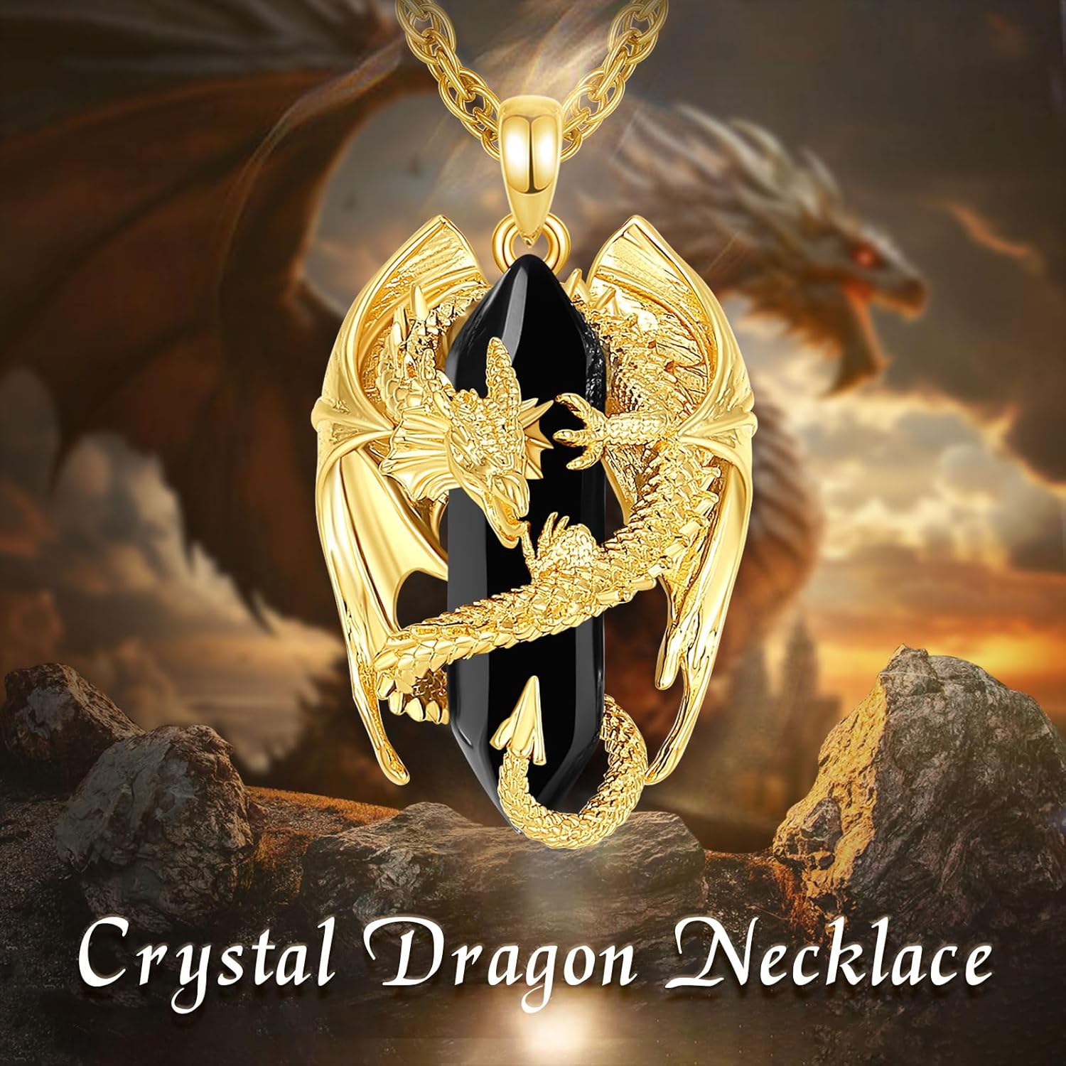 INFUSEU Unique Dragon Necklaces with Healing Crystal Stone for Men Women, Personalized Spiritual Gifts, 24 Inch Chain