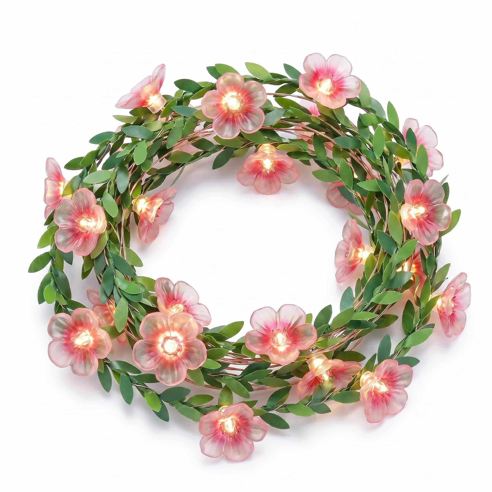 DiiWmme 2M Green Leaf Cherry Blossom Fairy Lights 20 LED,Battery Operated Flower String Lights for Bedroom Decor,Indoor Spring Christmas Decorations,Romantic Gift for Girls Room,Wedding,Party (Pink A)
