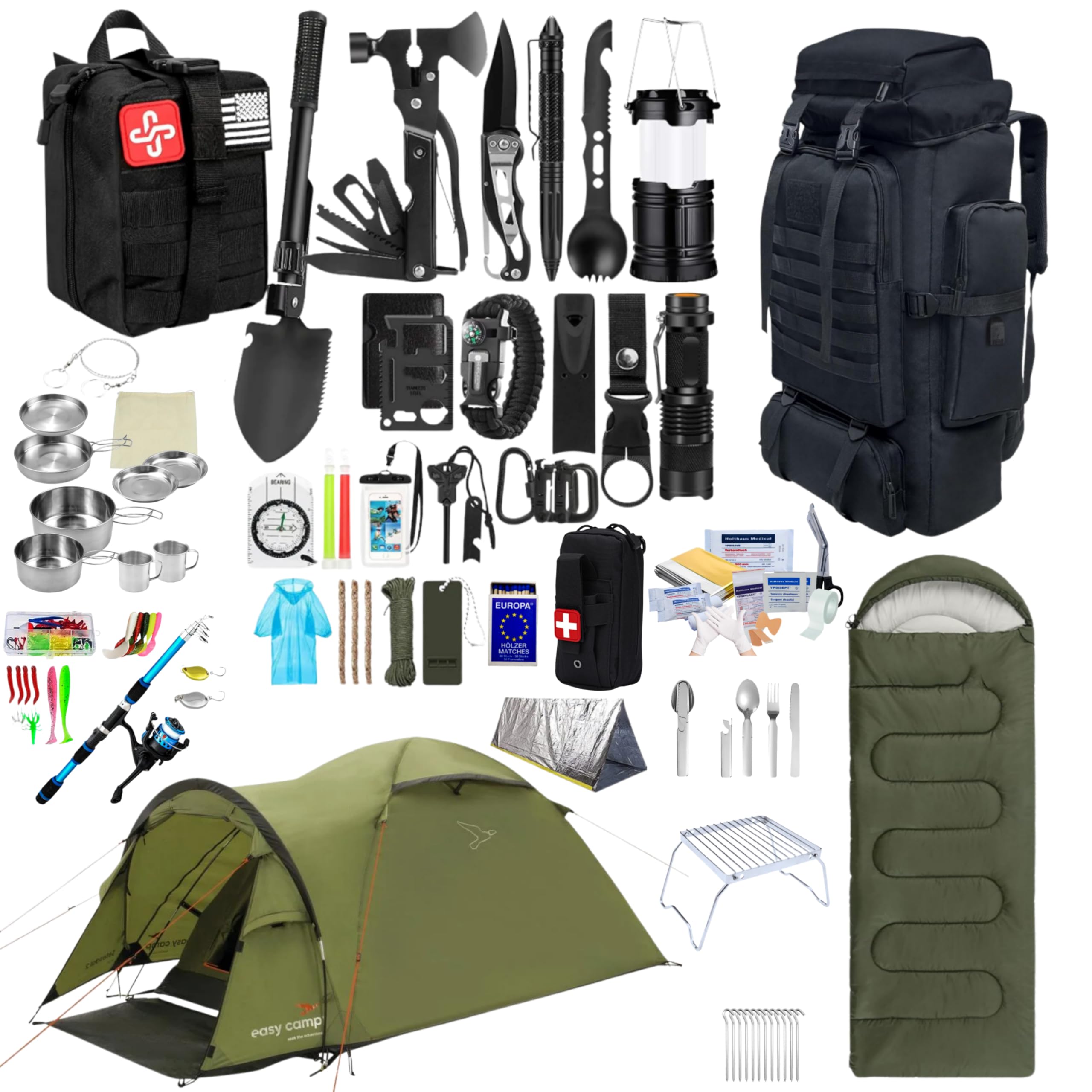Fluchtrucksack Survivalkit Notfall-berlebensausrstung Set mit Taktischem  Rucksack, Zelt, Schlafsack, Erste-Hilfe-Kit, Camping-Kochgeschirr,  Multifunktionswerkzeuge, Outdoorausrstung : Amazon.de: Sport & Freizeit