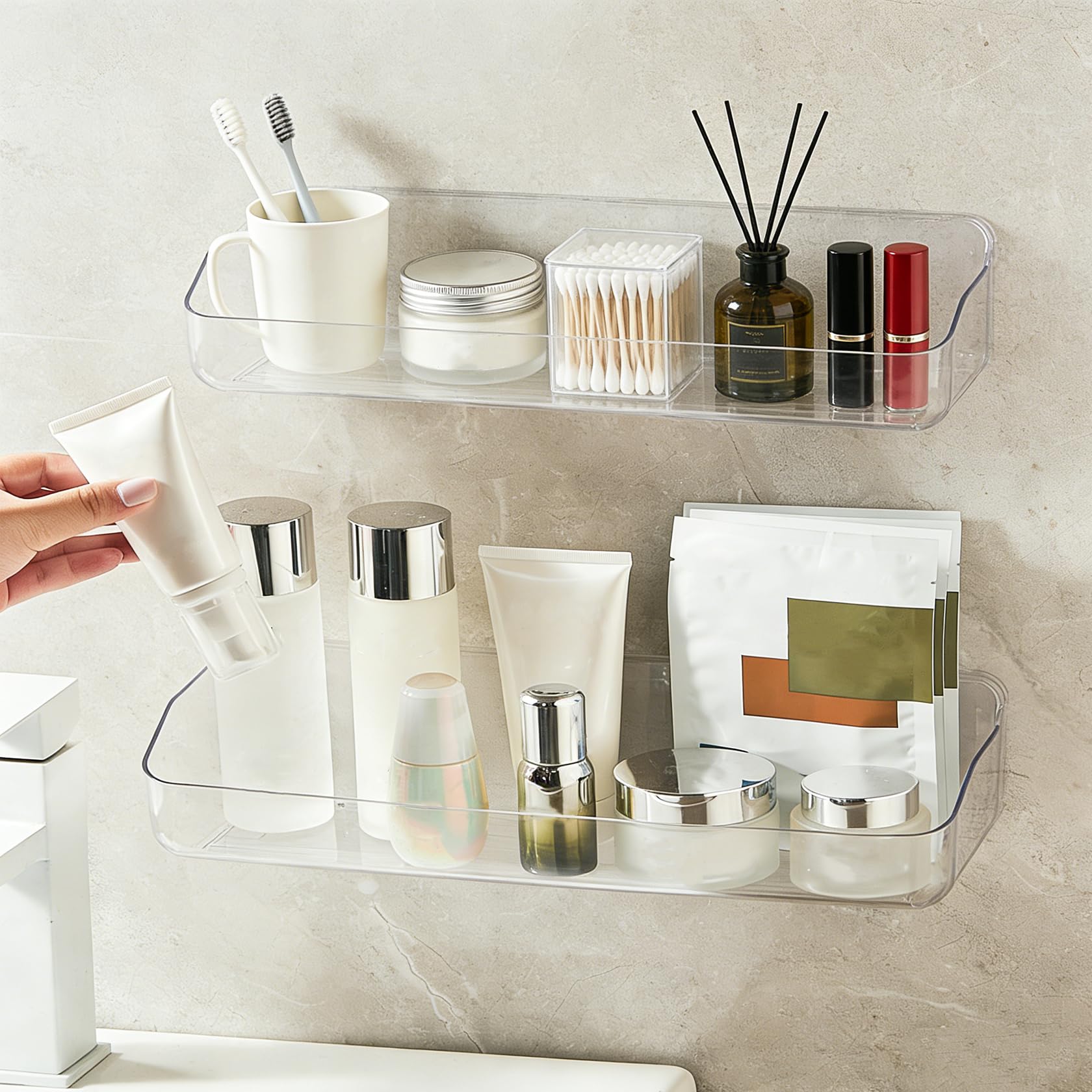 ASelected 2Pcs Acrylic Shower Caddy, Wall Mounted Bathroom Shelves No Drilling Adhesive Shower Shelf for Bathroom and Kitchen,Clear Plastic Storage (32.2 x 11 x 8.8 Cm)