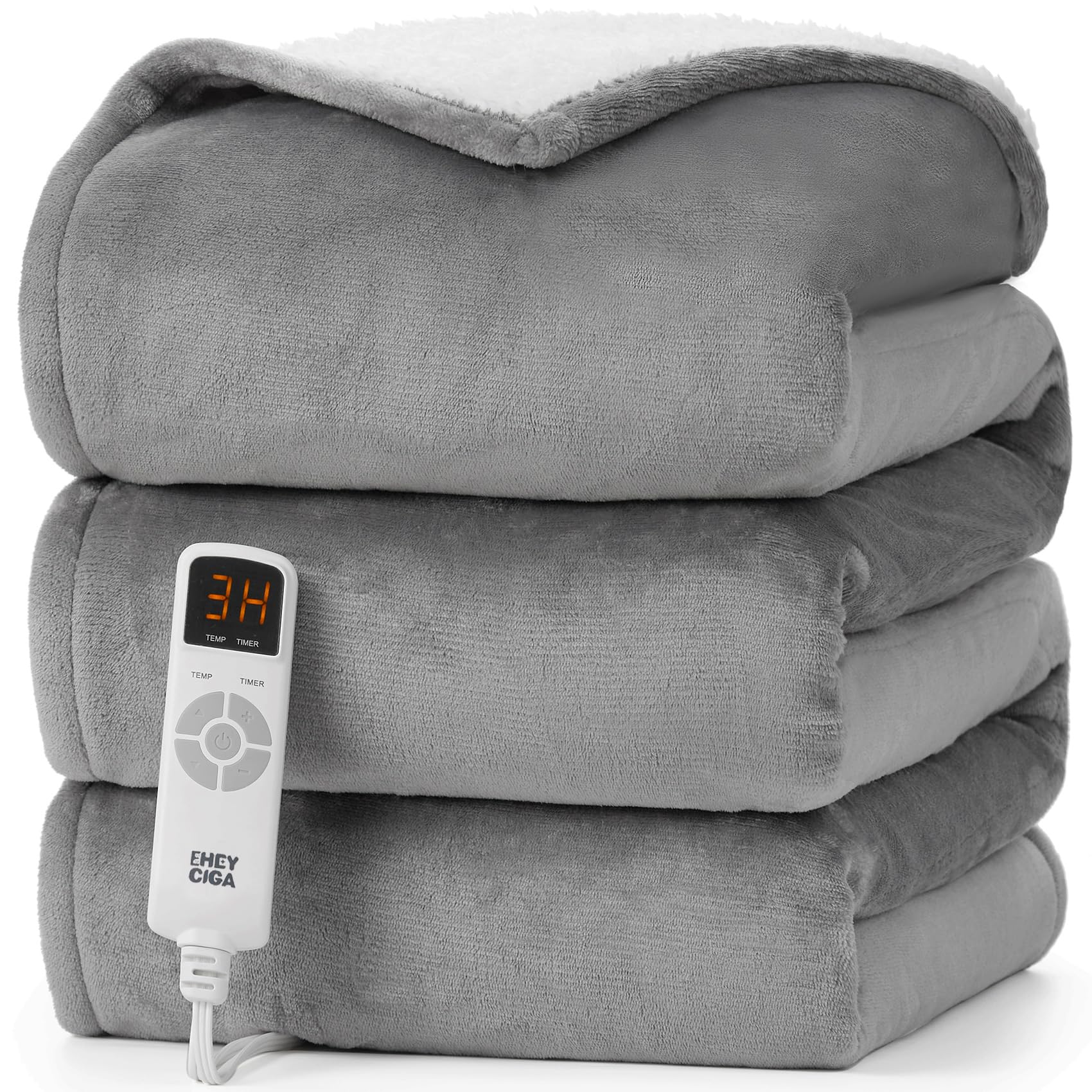 EHEYCIGA Electric Heated Throw Blanket, Fleece and Sherpa, Grey, 50 x 60 Inches, 5 Heating Levels, Auto Off, Machine Washable