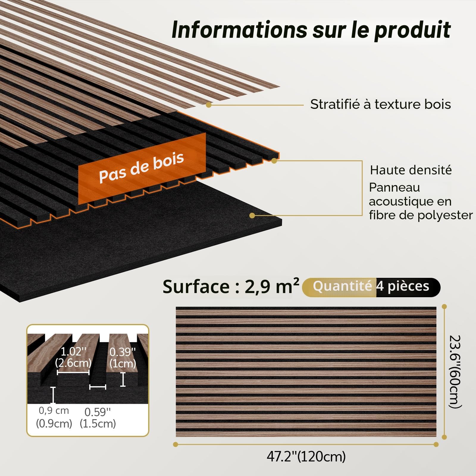 TONOR Lot de 4 Panneau Acoustique en Placage de Bois, 120x60x1,9 cm Dalle Murale Autocollante, Absorption de L'écho, Mousse Décoratif en 3D, Panneaux Insonorisants pour le Salon, le Bureau, Noix