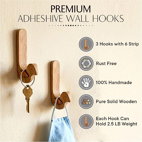 Miniatura 5 de Indian Shelf 3 ganchos, 6 tiras de lindo pájaro decorativo adhesivo ganchos de pared para colgar ganchos de pared de madera únicos sin daños