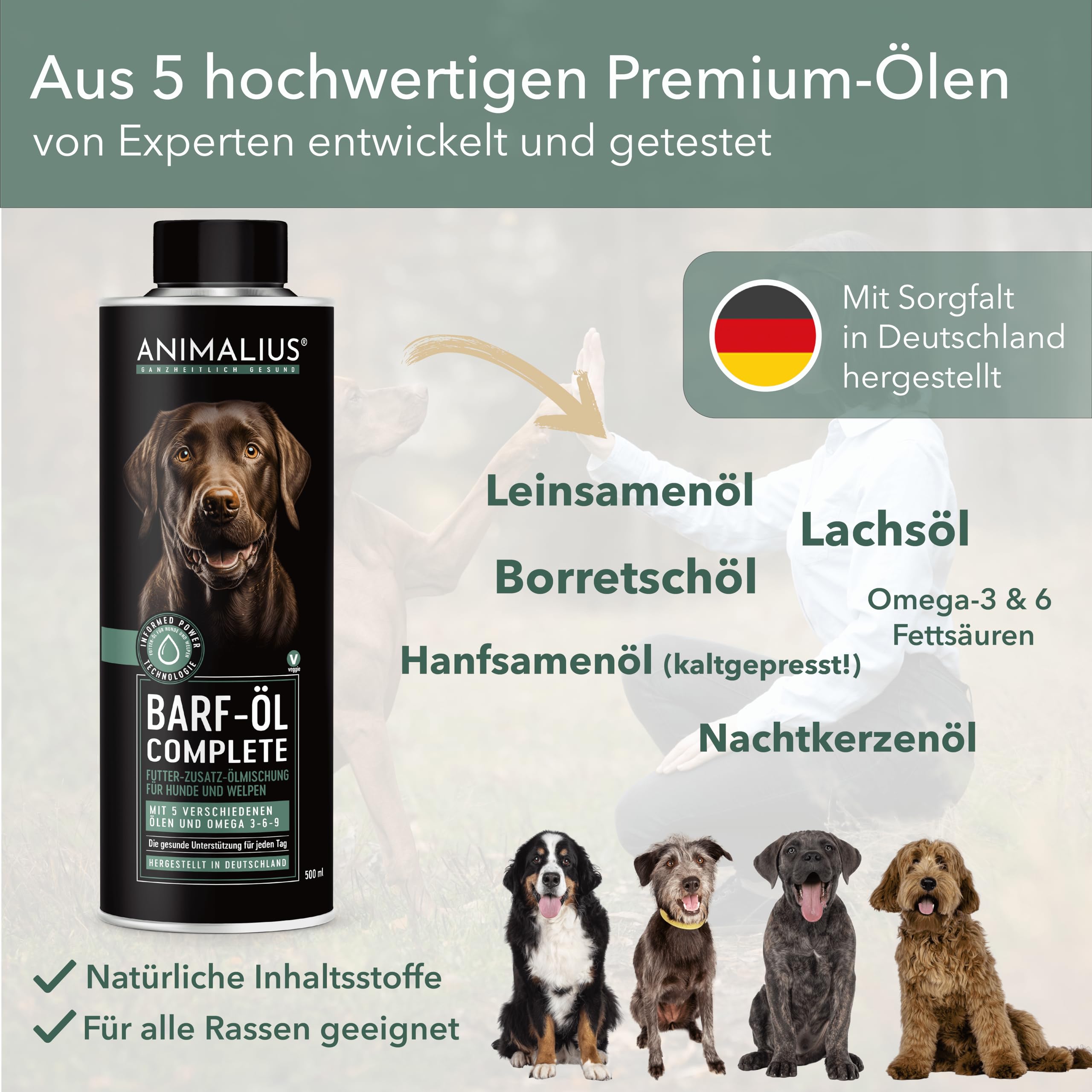 Olio Barf Complete per cani | Olio per mangimi premium Barf con olio di salmone, lino, semi di canapa, enotera e borragine, 500 ml