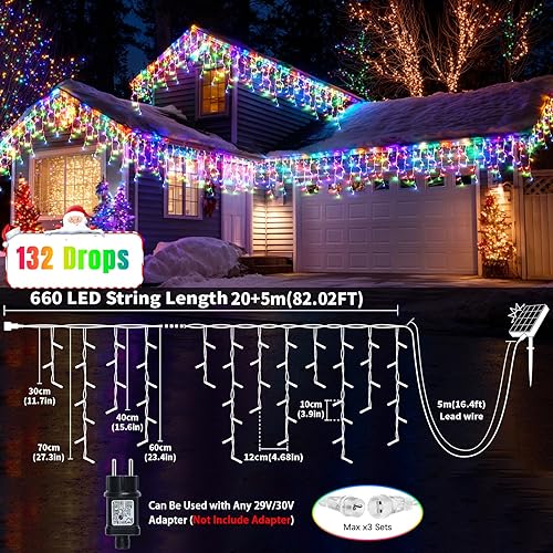 Miniatura 5 de Luces solares de Navidad para exteriores, 66 + 16 pies, 660 LED, multicolor y blanco frío, luces de carámbano cambiantes de doble color, 2400 mAH,