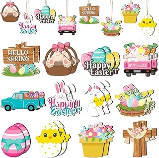 24 Pieces Easter Wooden Ornaments for Tree Happy Easter Egg Gnome Bunny Chick Cutouts Wood Hanging Ornament Spring Easter Wooden Slice Decorations for Party Home Classroom Decor, 12 Styles (Egg)