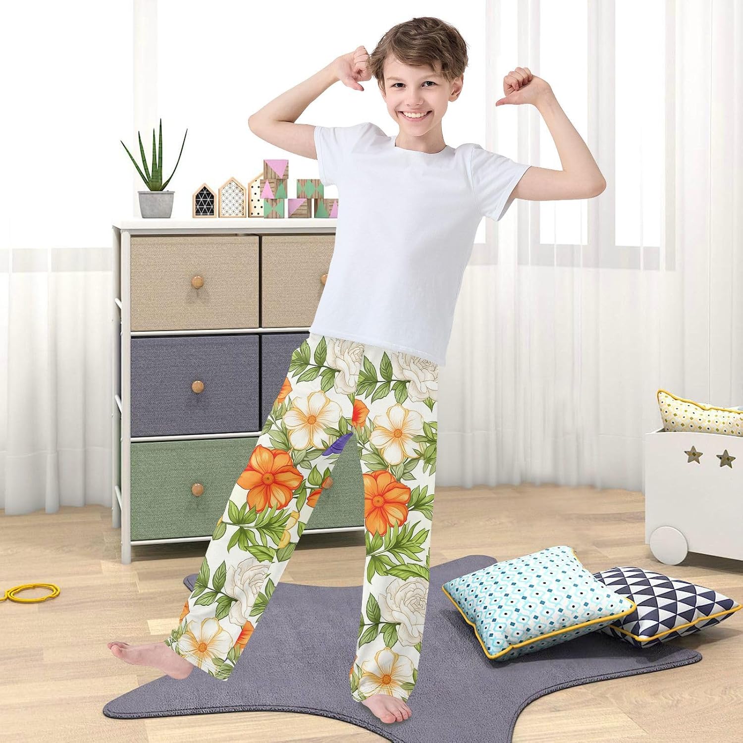 J JOYSAY Flower Blossom Foliage Ivory Pajamas Pants Soft Long Pajama Bottoms Lounge Sleep Pants Size S-XL