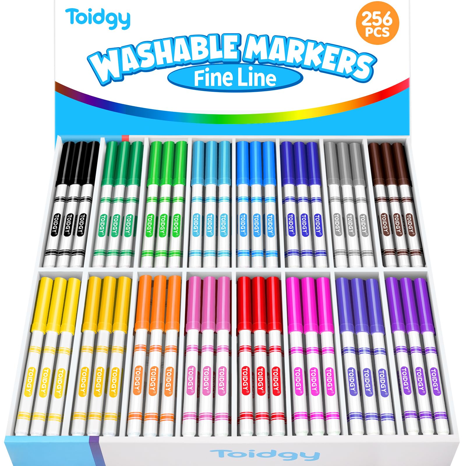 Toidgy 256 pennarelli lavabili per bambini, pennarelli colorati sfusi per la scuola, set di pennarelli sottili in 16 colori assortiti, pennarelli a linea fine con punta conica, forniture per il