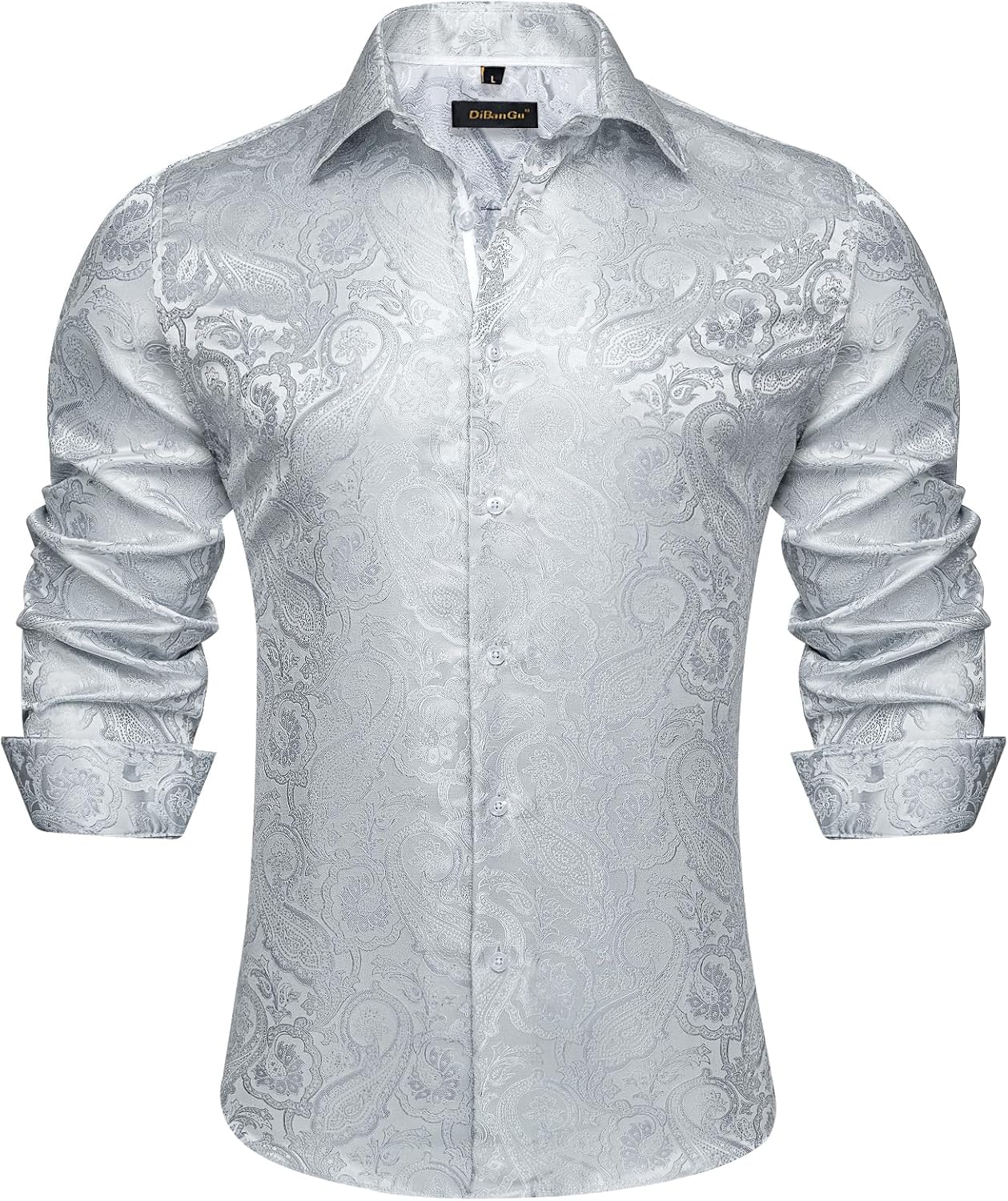 DiBanGu Mens Paisley Dress Shirt Silk Jacquard Button Down Shirts Regular Fit Long Sleeve Shirt for Wedding Party