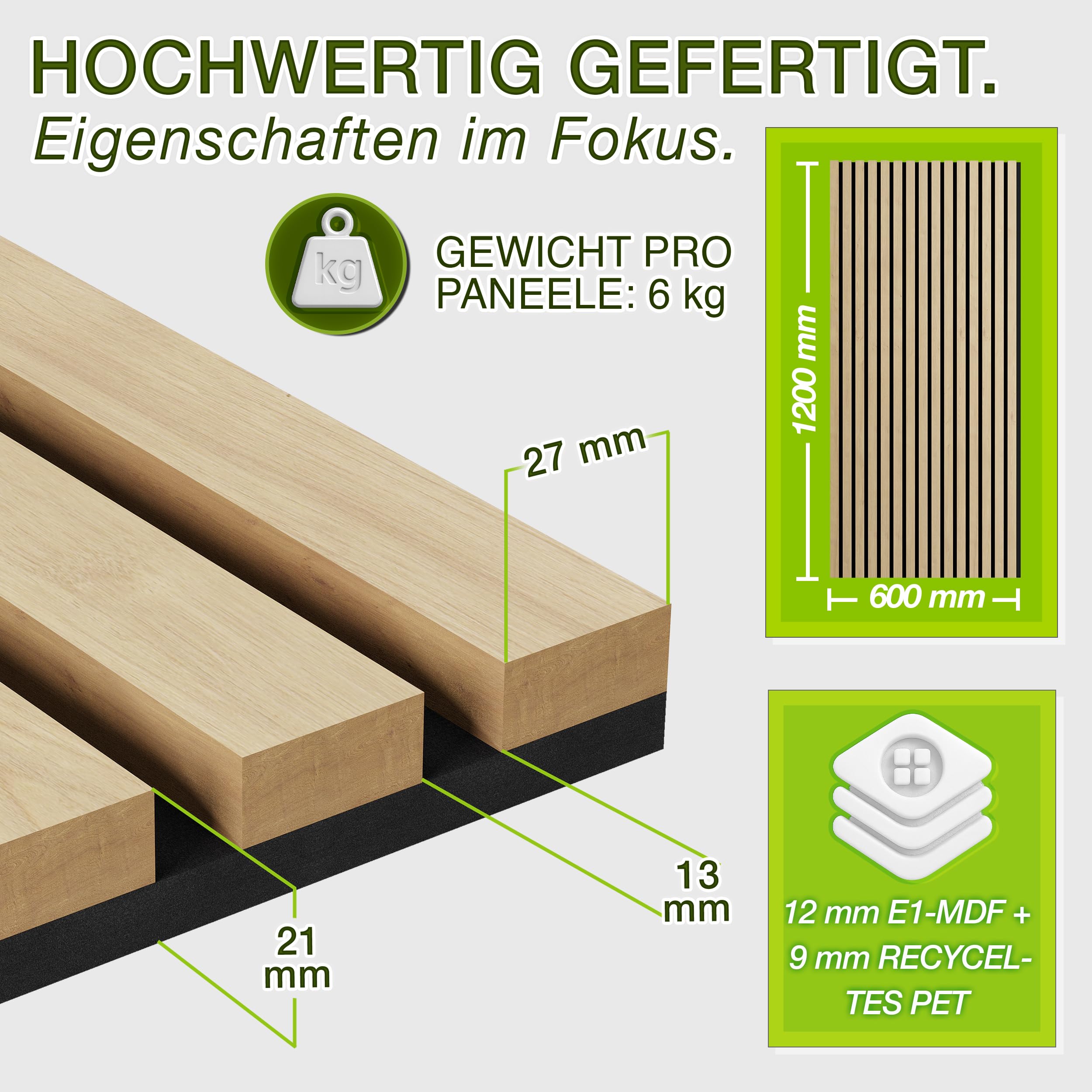 TRESKO® Akustikpaneele Holz 120×60x2,1 cm inkl. Kleiderhaken | Wandverkleidung als 3D Lamellenwand | Holzpaneele Paneele für Schallschutz | Akustik Wandpaneele (4 Stück/Eiche Hell)