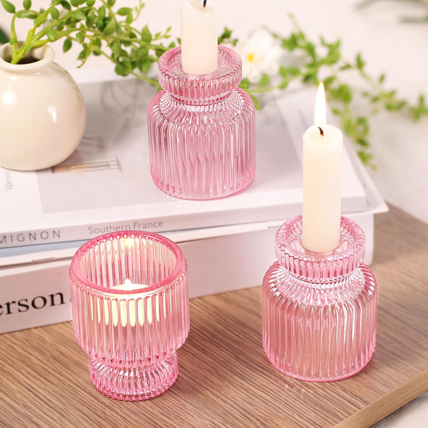 DARJEN 6 Pcs Pink Candlestick Holders - Glass Taper Candle Holders Tealight Votive Candle Holders for Table Centerpieces, Wedding, Dinner Party, Home, Gifts - Image 4