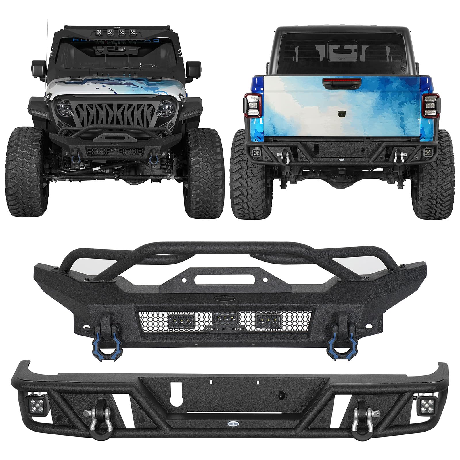 Gladiator Winch Bumper, Front and Rear Bumpers Set for 2020-2026 Jeep Gladiator JT, Tubular Steel Bumper with LED Lights & D-rings