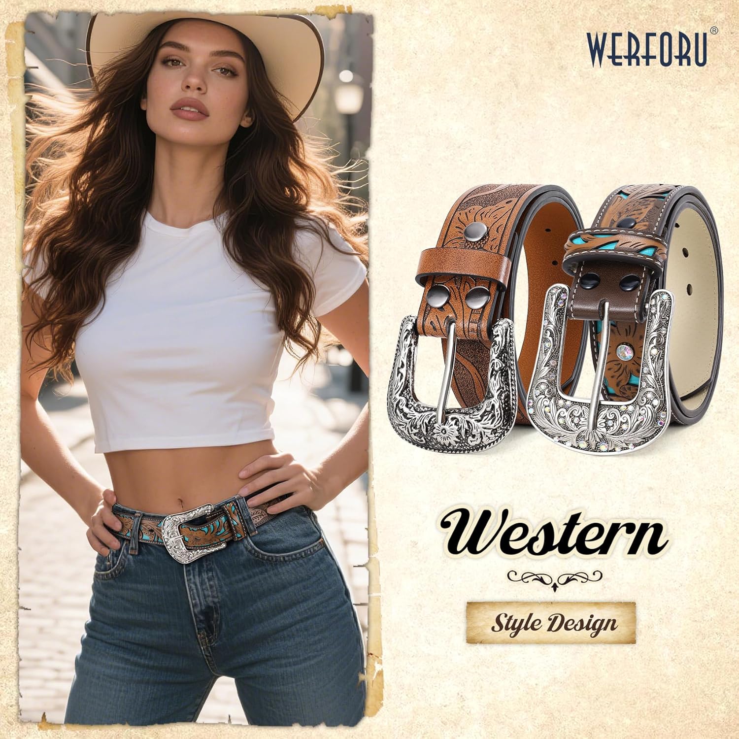 WERFORU 2 Pack Women Western Leather Belts for Jeans Western Belts with Big Buckle Country Belts for Cowgirls - Image 2