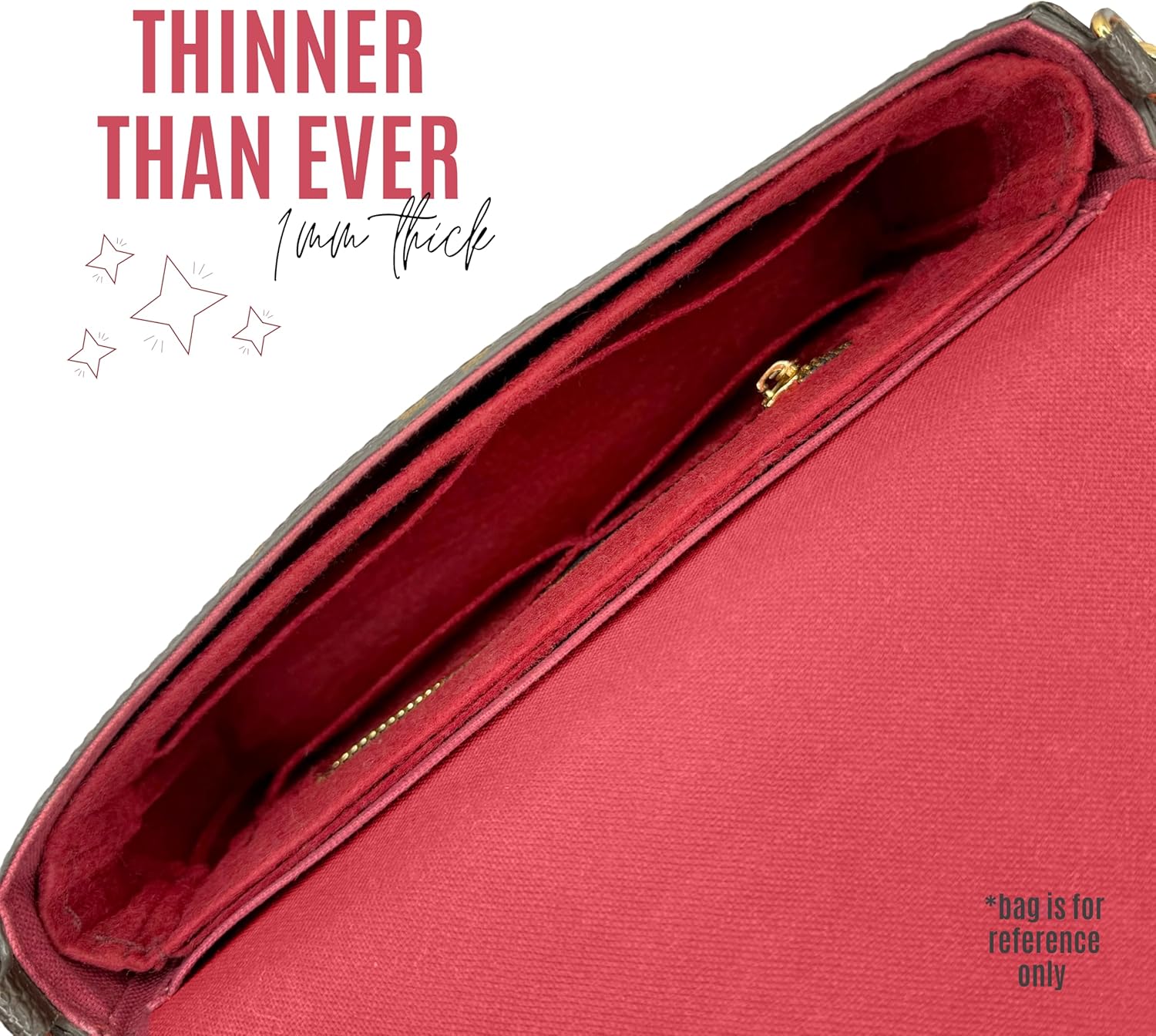 Divitize Premium Purse Organizer compatible with Felicie Pochette Bag Insert — Gold Zipper Perfect Fit, Durable Quality Felt, Full Coverage No Bulking, +24 Shades (For Felicie Pochette, Red)