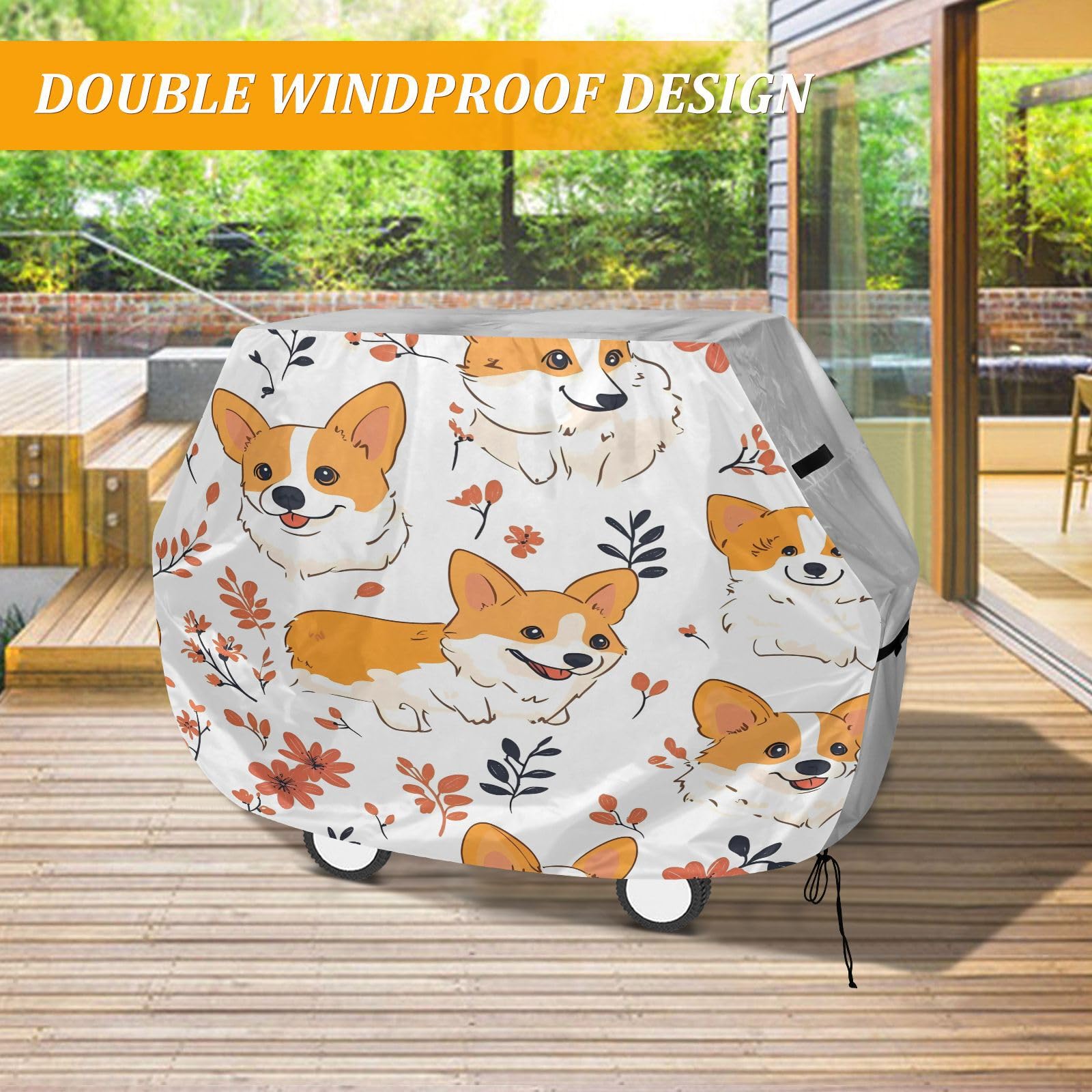 Pokrowiec na grilla na patio 155 cm wytrzymały odporny na śnieg na zewnątrz Patio pokrowiec na grilla Corgis pies kwiatowy wzór