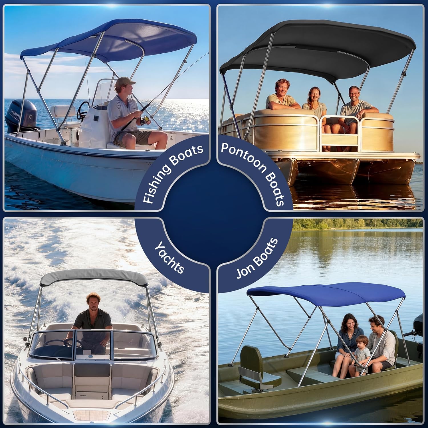 Bimini Tops for Boats - 900D Polyester Canopy with 1" Stainless Aluminum Frame, Storage Boot and 4 Nylon Straps, Bimini Top for Jon Boats, Pontoon Boats, Bowriders (Blue, 3 Bow 6'L x 46"H x 67"-72"W)