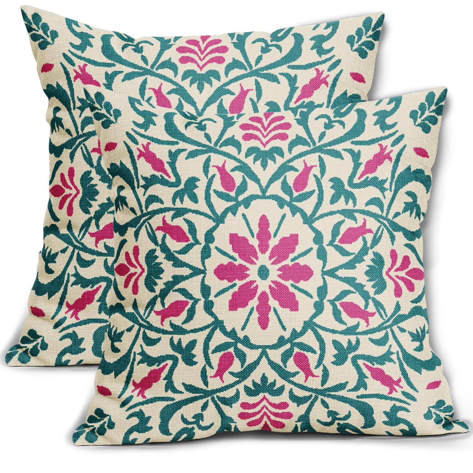 Sweetshow Teal Hot Pink Boho Pillow Covers 16 X Inch Bohemian Ethnic Carpet Style Vintage Flower Print Decorative Throw Pillows Outdoor Linen Square